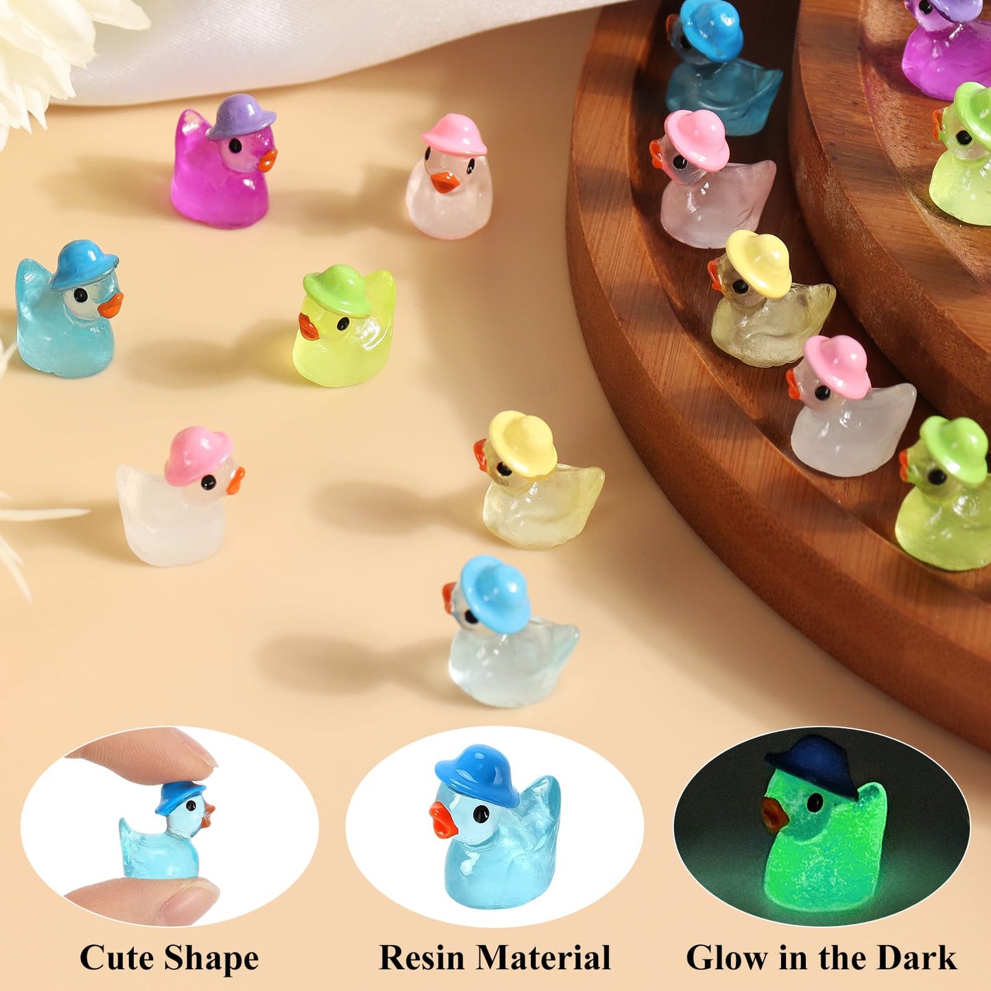 VICROIC 100 PCS Luminous Mini Resin Ducks, Tiny Miniature Duck Figures Wearing Hat Glow in The Dark for Dollhouse, Garden, Micro Landscape, Home Outdoor Party, Aquarium Decor