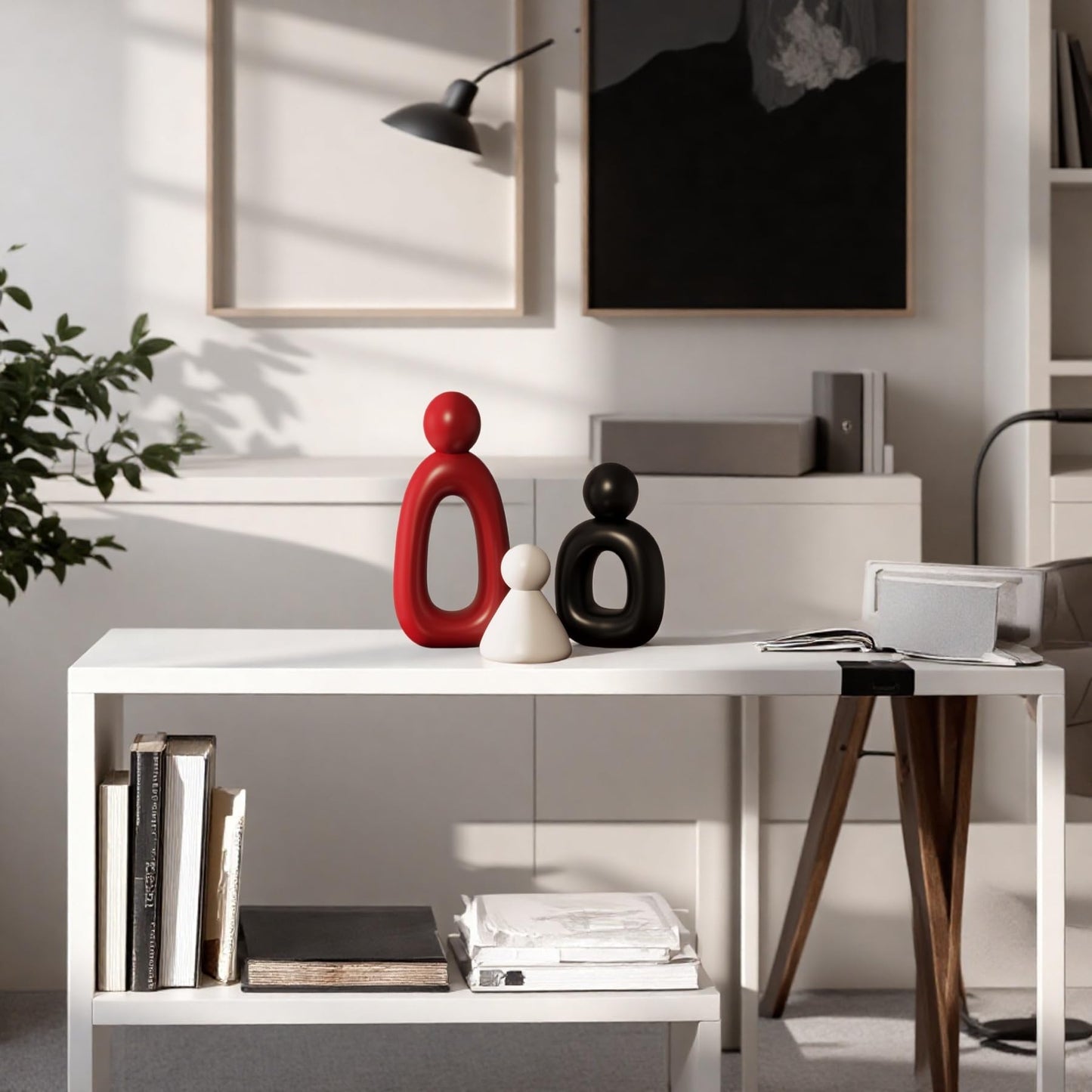 LNXMES White Family of 3 Sculptures Home Decor, Modern Statues Decor for Living Room, Abstract Art Family Figurines for Shelf Coffee Table Decorations, Gifts for Thanksgiving (White, Black and Red)