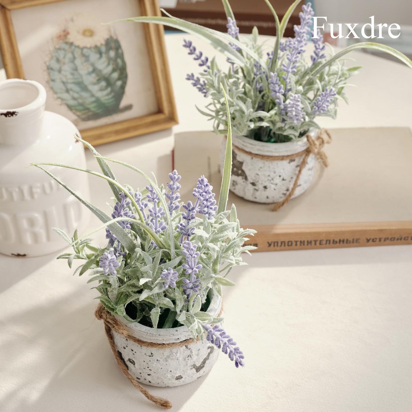 Fuxdre Small Fake Plants, 2 Pack Mini Artificial Plants Fake Lavender Plant in Pot, Lavender Decor and Dining Room Desk Shelf Bathroom Living Room (A-2pcs)