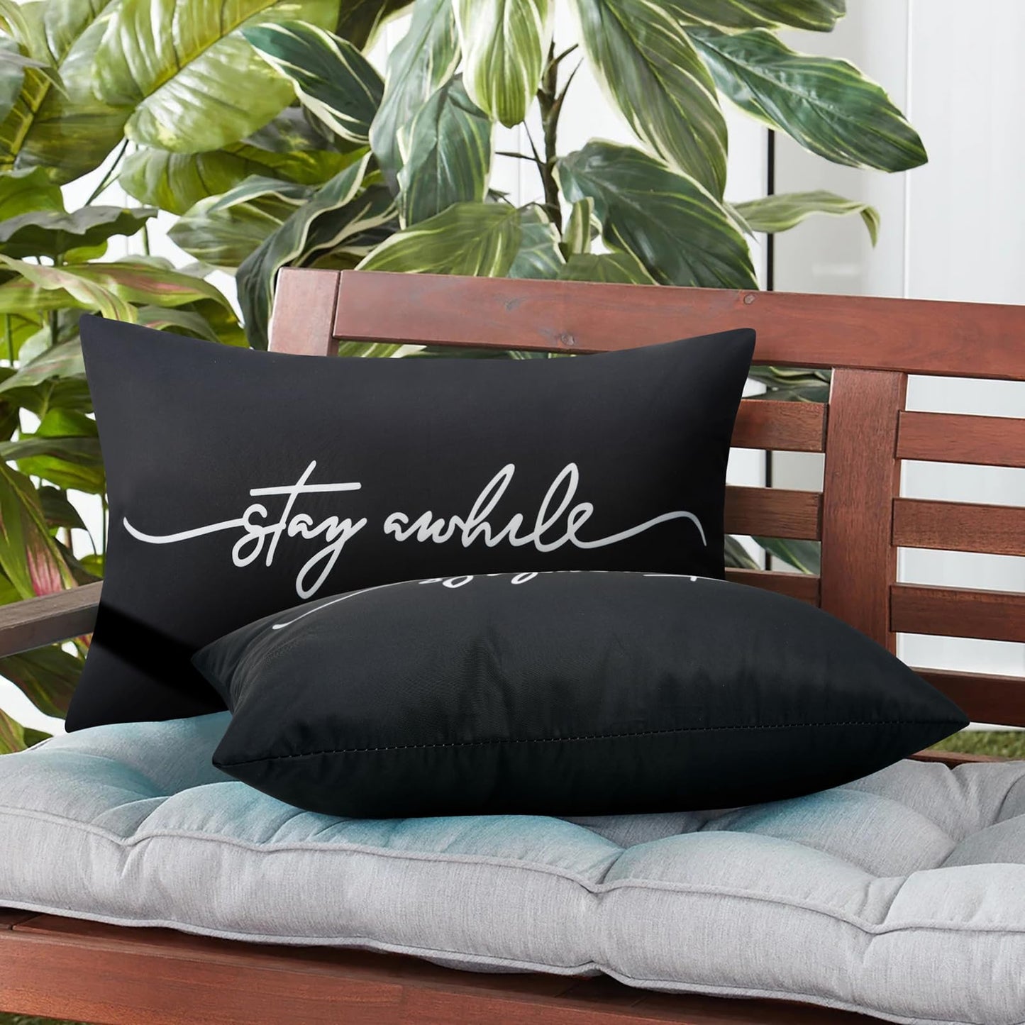 Adabana Outdoor Waterproof Throw Pillow Covers Set of 2 Stay awhile Decorative Outdoor Lumbar Pillows Cover for Patio Garden Porch Black 12x20 Inch