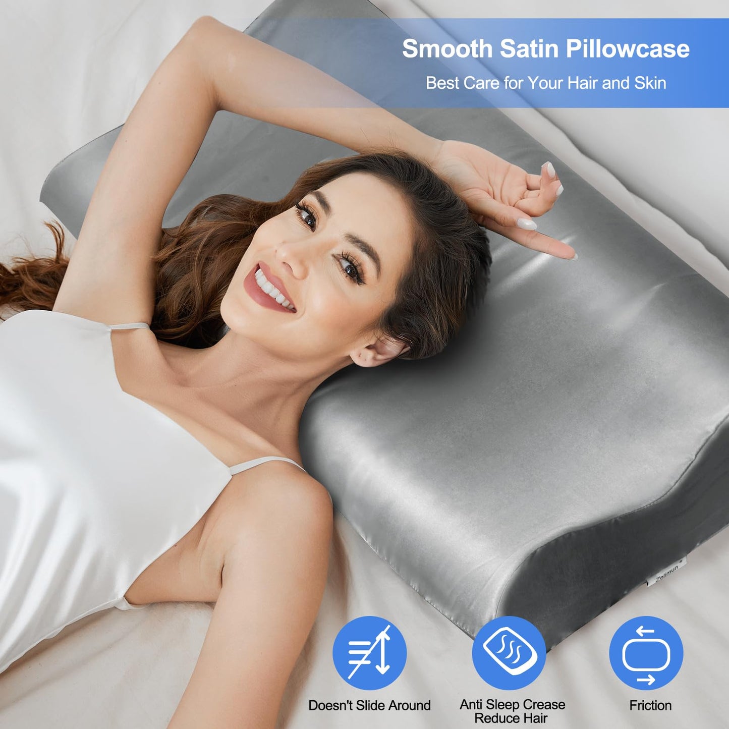 Satin Pillowcase for Contour Memory Foam Pillows, 24" x 14" x 5.1"/3.5" Cervical Pillow Case, Soft Pillow Cover for Sleeping Pillows (Grey)