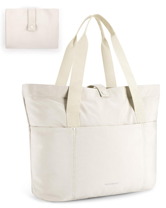 BAGSMART Tote Bag for Women, Foldable Tote Bag With Zipper Travel Large Shoulder Bag Handbag for Work-16.5''l X 6''wx 14''h