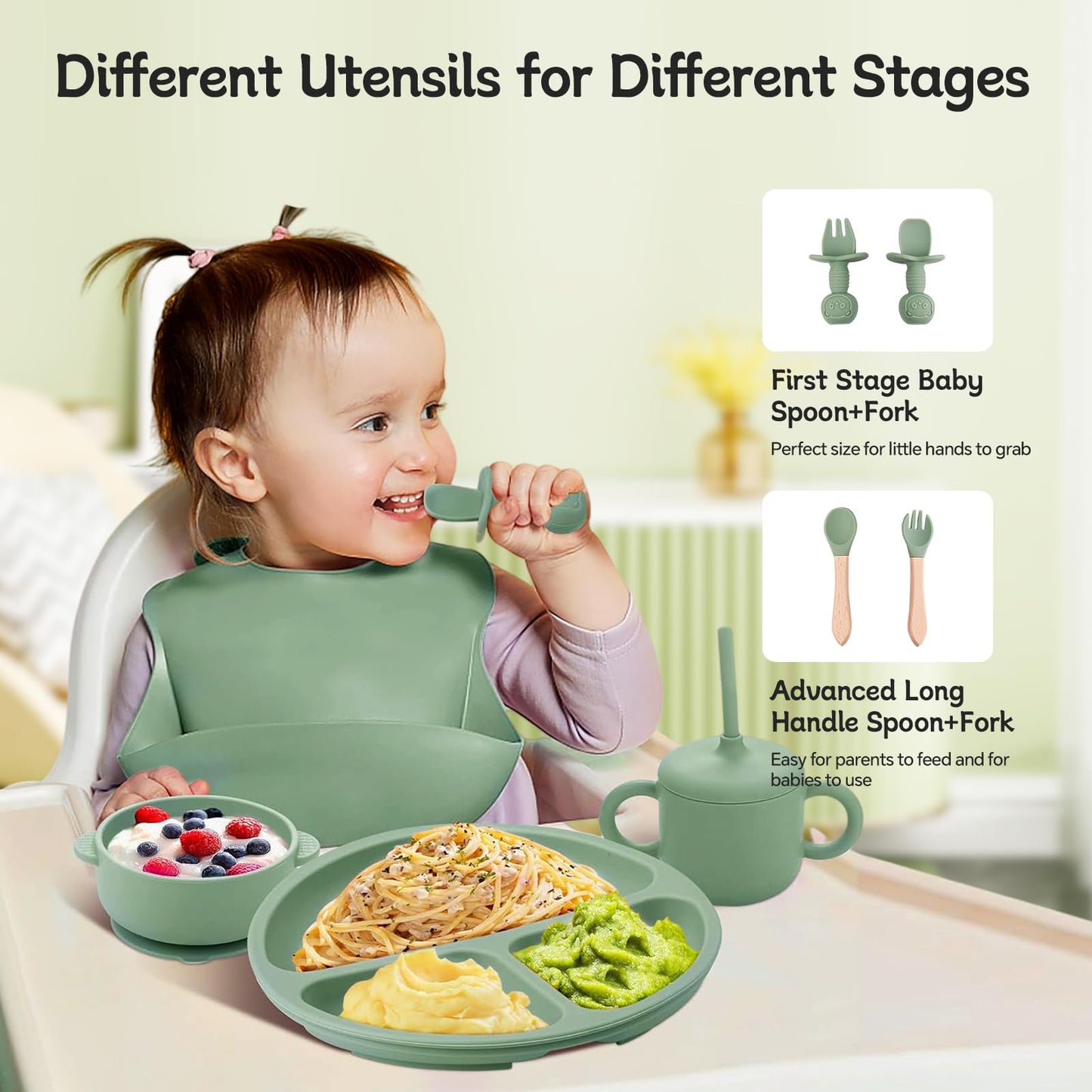 SHGMEET Silicone Baby Feeding Set, BPA Free Baby Feeding Essentials, Baby Suction Bowl, Plates, Bib, Spoons set, Baby Led Weaning Supplies to Develop Self-feeding Skills(Green, No Lid)