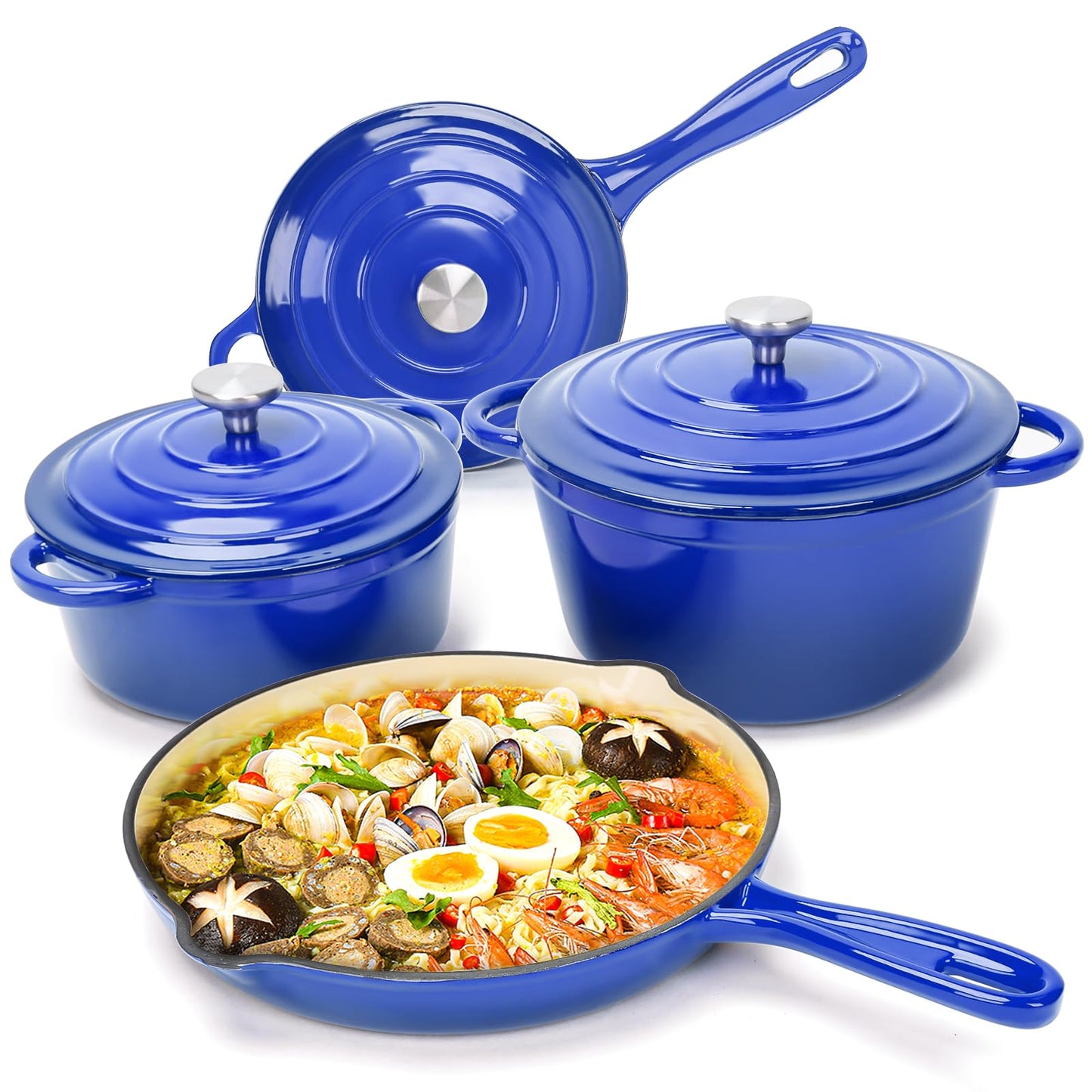Hisencn 7-Piece Enameled Cast Iron Cookware Set-Dutch Ovens, Skillet & Saucepan with Lids- Ceramic Coated, Heavy Duty, Gas/Induction Compatible, Oven Safe to 550°F, PFOA-Free, Cobalt Blue