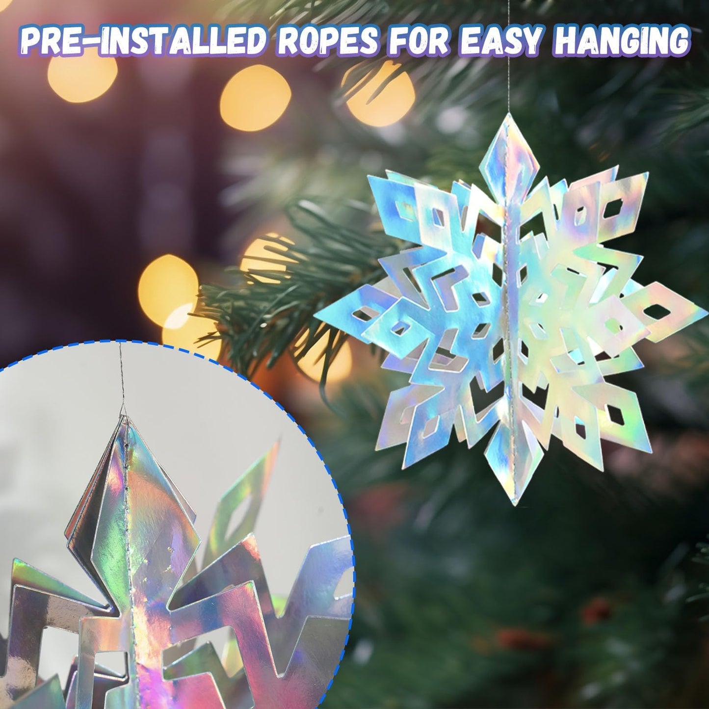 OuMuaMua 24PCS 3D Laser Iridescent Snowflakes Hanging Decorations for Christmas Winter Wonderland Holiday Home Decorations Indoor