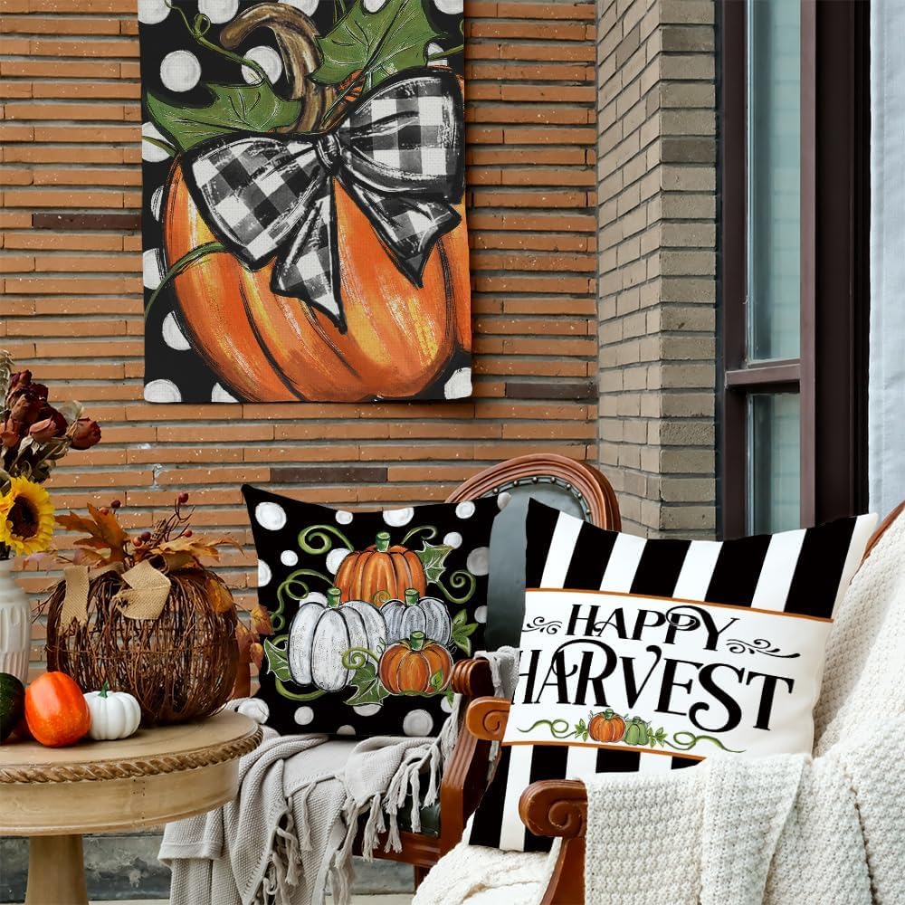 GEEORY Fall Happy Harvest Pumpkin Patch Throw Pillow Covers 18x18 Inch Set of 4, Black Polka Dots Seasonal Autumn Thanksgiving Holiday Decorative Farmhouse Cushion Cases for Home Decoration G664-18