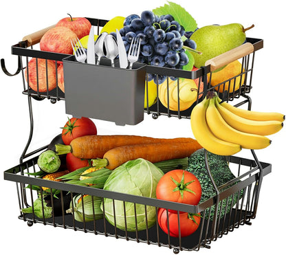 2 Tier Fruit Basket with 4 Banana Hangers and 1 hanging basket, Detachable Fruit Bowl for Kitchen Counter, Large Capacity Fruit Holder Stand Countertop Organizer for Bread Snack Produce Storage