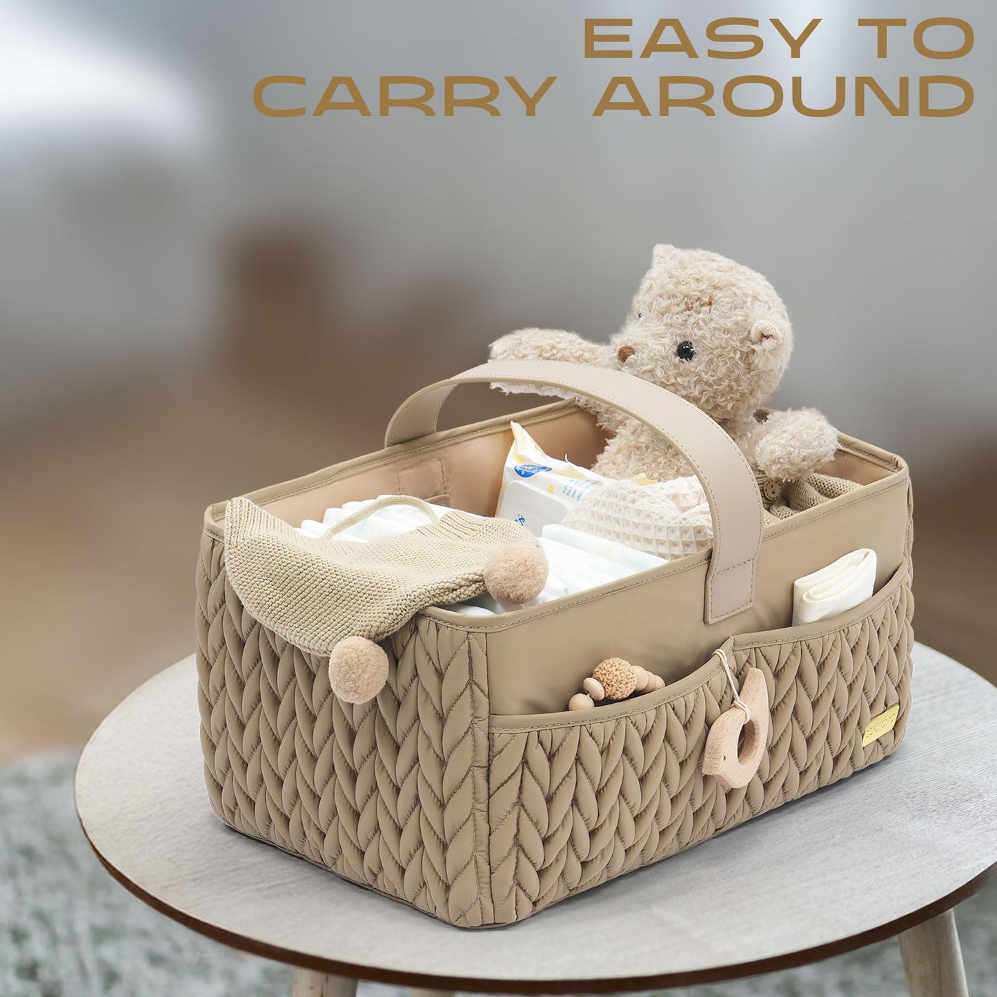 LUKJOJO Luxurious Baby Diaper Caddy, Nursery Storage Basket for Newborn Essentials, Travel Baby Basket for Diapers Baby Wipes, Organizer Tote Bag Storage Bin, Baby Shower Gifts(Beige)