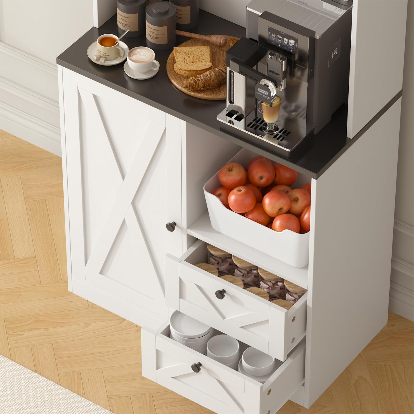 CBBPET 71" Tall Coffee Bar Cabinet with Storage Hutch, Farmhouse Kitchen Pantry Cabinet with LED Lights Microwave Stand and Glass Holder for Home Dining Room Kitchen,White