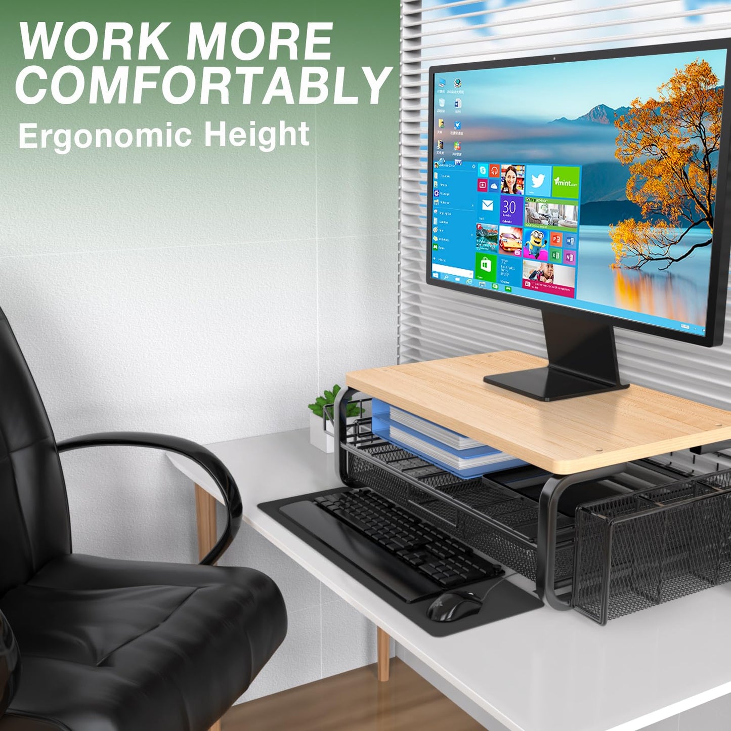 Qatsrin High Grade Wood Monitor Stand Riser, Large Capacity Monitor Stand with Drawer, Monitor Stand for Desk with Plug Holder Pen Holder, Monitor Riser Desk Organizer for Laptop iMac, Original Wood