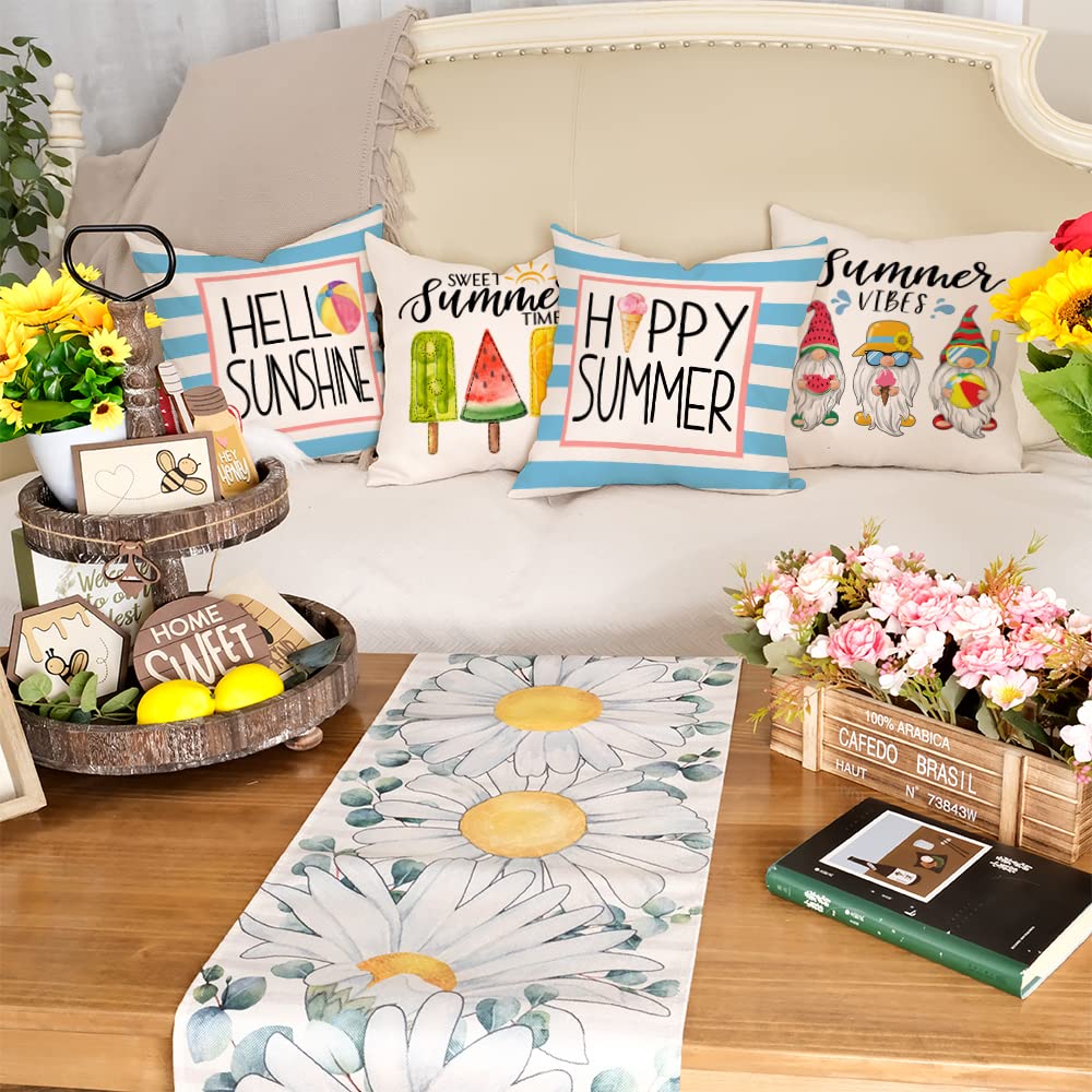GEEORY Summer Pillow Covers 18x18 Inch Set of 4 Gnomes Popsicle Ice Cream Hello Sweet Summer Vibes Pillows Decorative Throw Pillows Summer Decorations Farmhouse Decor Cushion Case for Sofa Couch