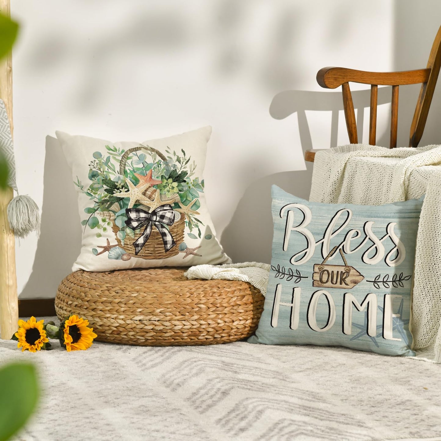 AVOIN colorlife Bless Our Home Eucalyptus Leaves Starfish Throw Pillow Covers, 18 x 18 Inch Seasonal Spring Summer Truck Home Sweet Home Cushion Case Decorations Set of 4