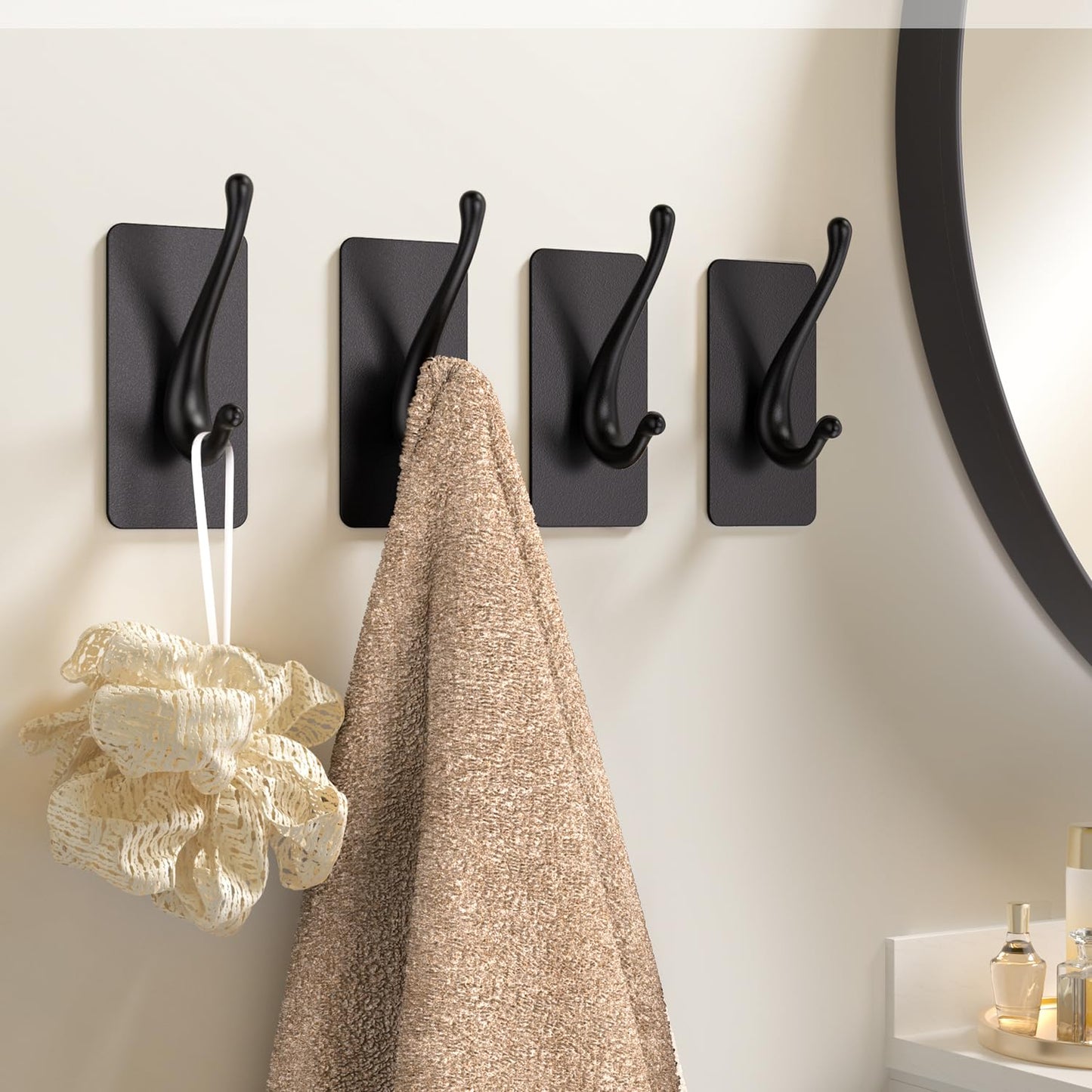JCHOUS Towel Hooks, Solid Alloy Adhesive Wall Hooks for Hanging, Towel Hooks for Bathroom, RV, Kitchen, Closets, etc (Black, 4 Pack)