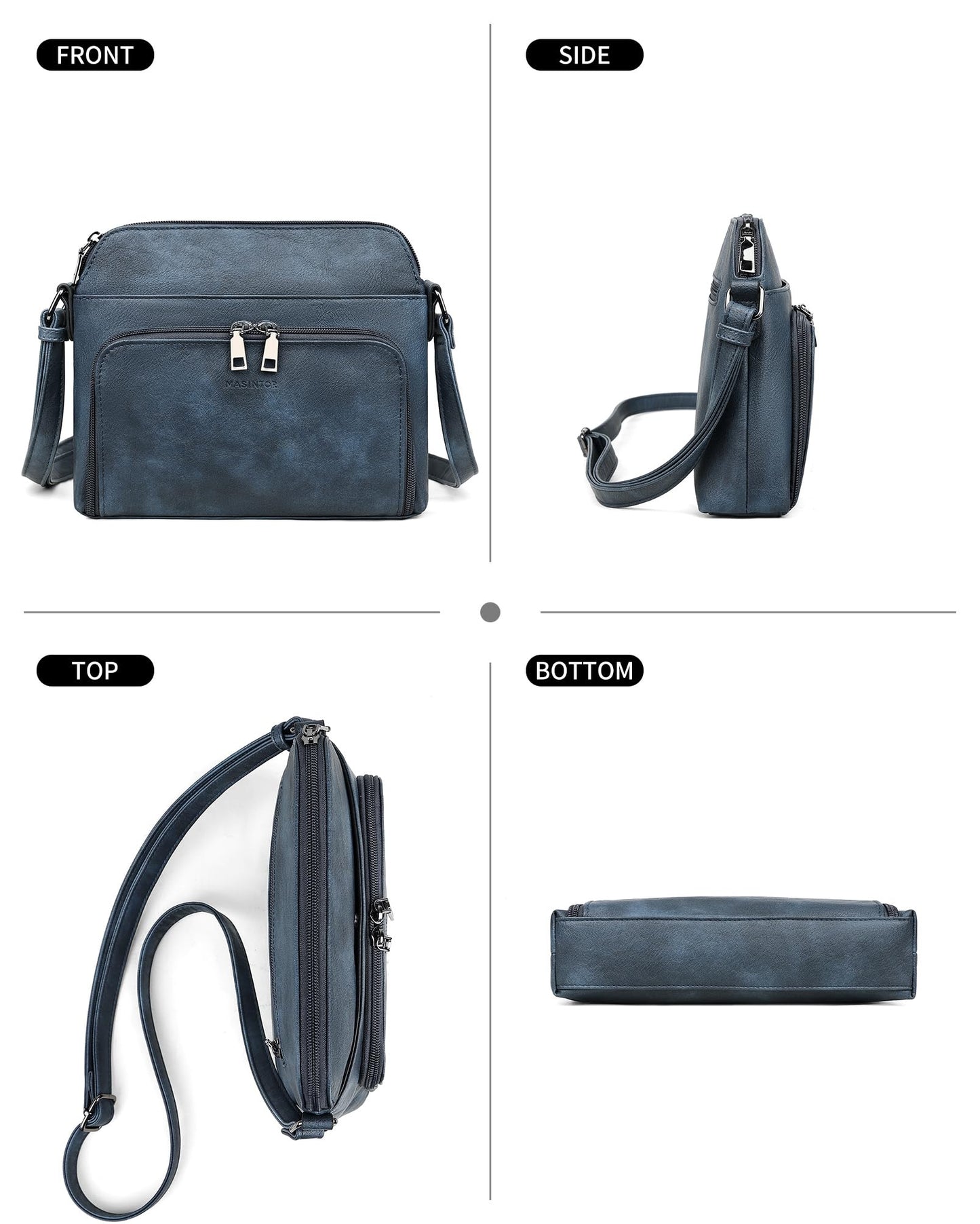 MASINTOR Crossbody Purse Bags for Women, Multi-Pocket Soft Leather Shoulder Purse, Lightweight Travel Handbag with Adjustable Strap Gray-Blue