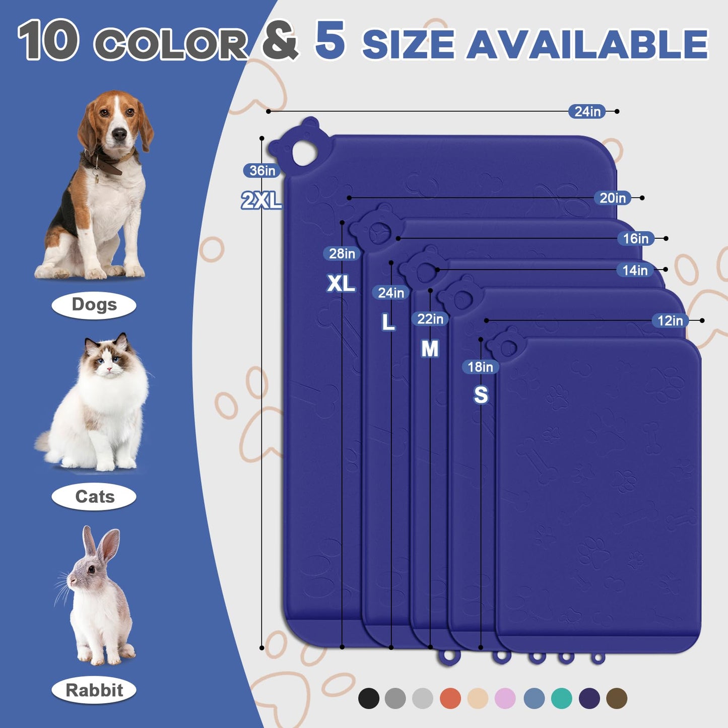 Pet Feeding Mat, Dog Food Mat, 24''x16'' Silicone Pet Feeding Mats with Residue Collection Pocket, Waterproof Dog Cat Bowl Mats for Food and Water with Edge and Hook, Tray for Dog Bowls, Navy Blue