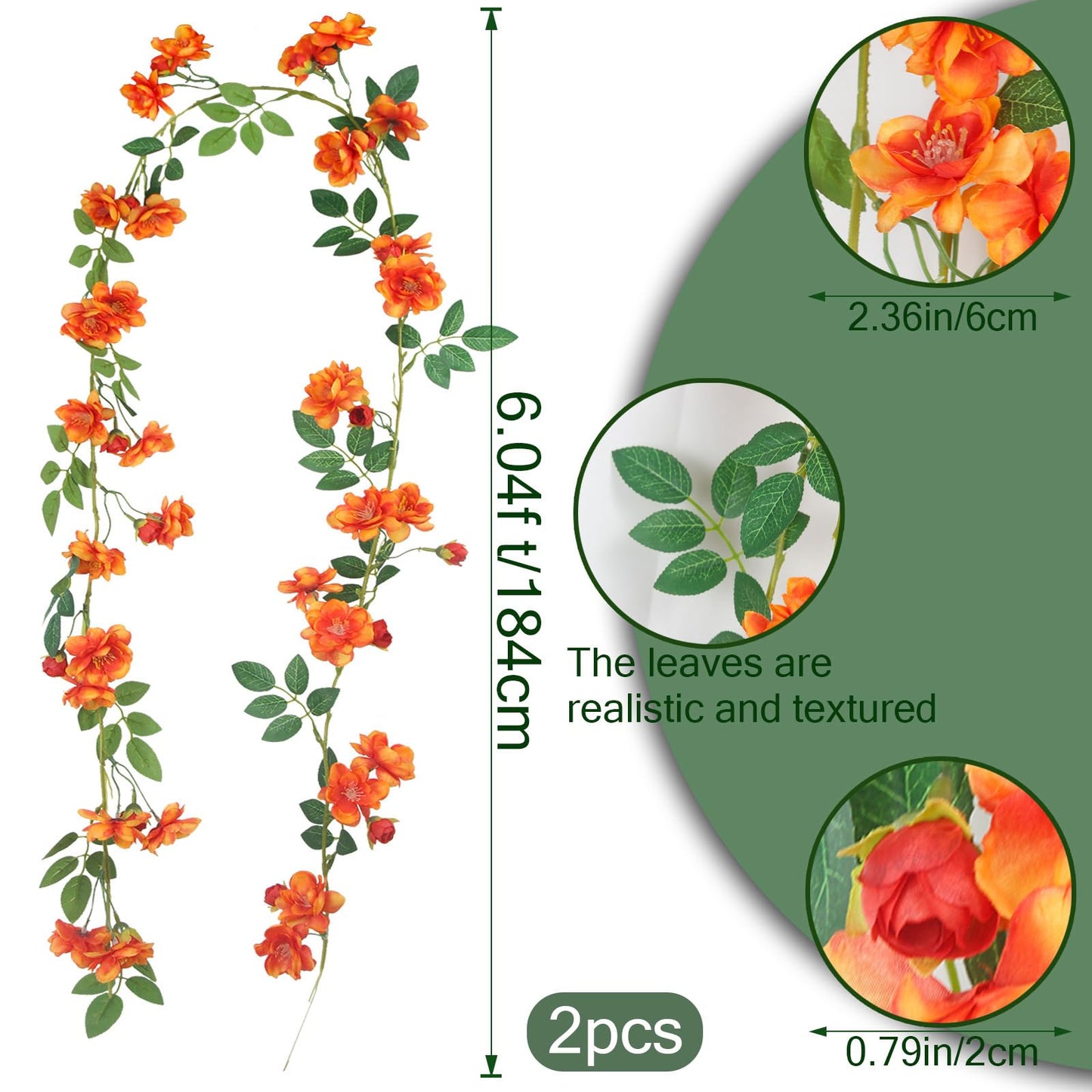 GhuaH 2 Pcs Artificial Flowers Garland for Outdoors Orange Faux Gardenia Garland 12Ft Silk Rose Hanging Vines Floral for Wedding Arch Party Wall Garden Ceremony Backdrop Fence Spring Decor