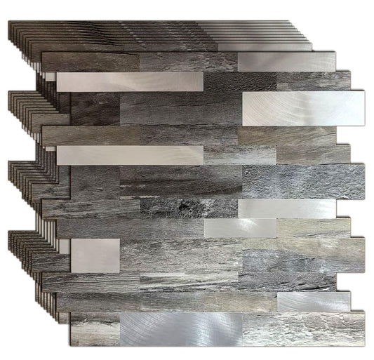 weimeisc 10 Sheets Backsplash Tile for Kitchen Peel and Stick, Self-Adhesive Waterproof, Metal Backsplash Subway Tile, Stick on Tiles Kitchen Bathroom (Light Grey Wood Grain+Frosted Silver)