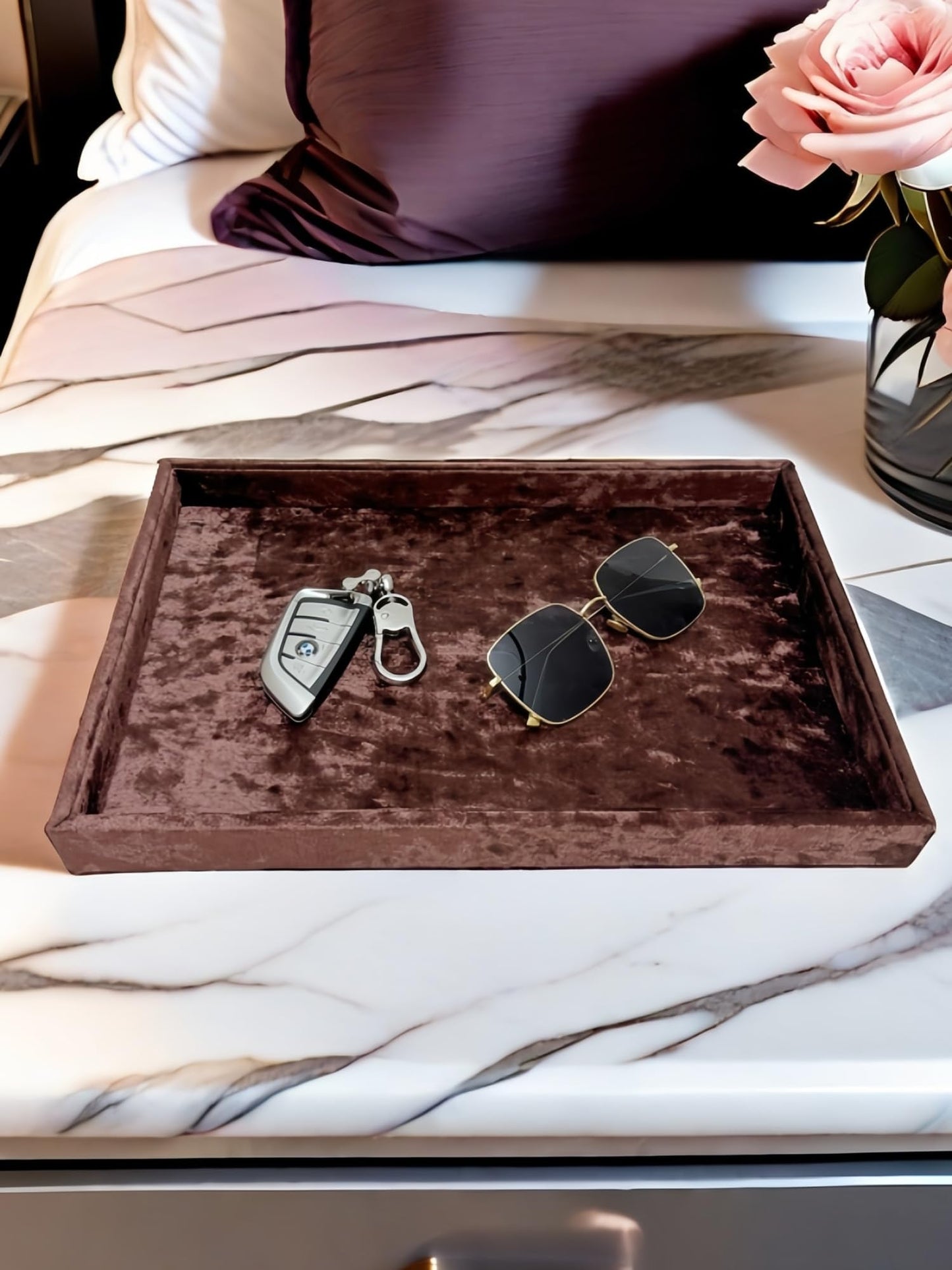 AgentMoon Luxury Jewelry Storage Tray,Noble Retail Goods Display Tray,Bedside Organizer for Remote Controller iPhone Eyeglasses.Original Design Flashing Special Velour.(Tabby Dark Coffee)