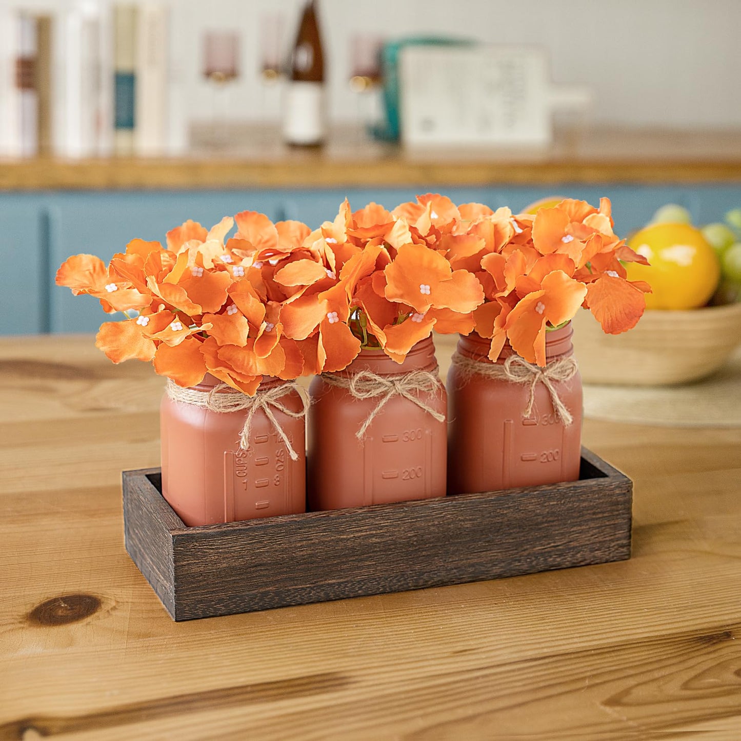 Mkono Mason Jar Centerpiece Table Decor For Dining Room Farmhouse Wood Tray With 3 Painted Jars Flowers Summer Decoration For Coffee Table Kitchen Living Room Wedding