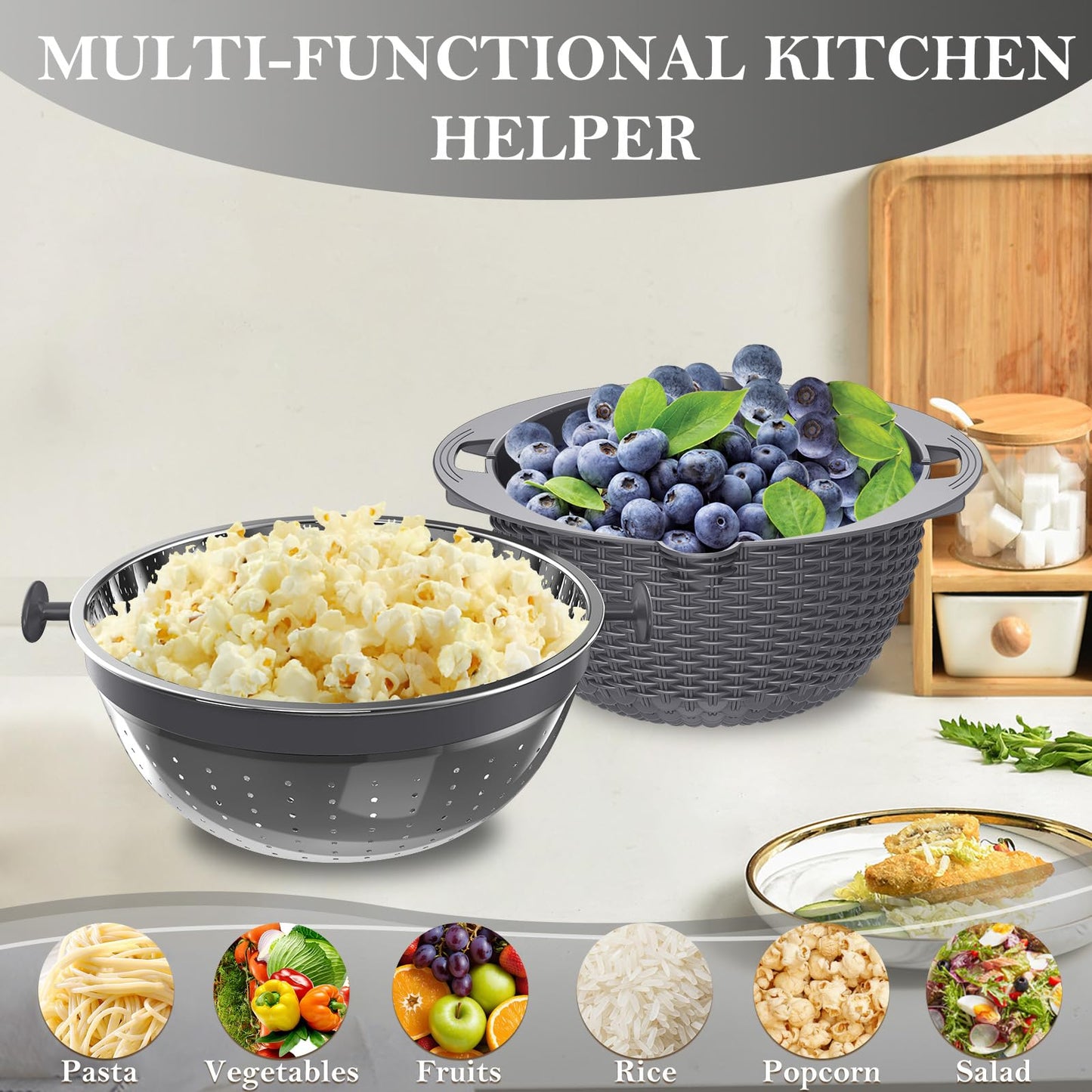 4-in-1 Colander with Bowl Set – Food Strainers and Colanders - Stainless Steel Rotatable Strainer for Fruits & Veggies – Pasta Strainer - Kitchen Essentials - Grey