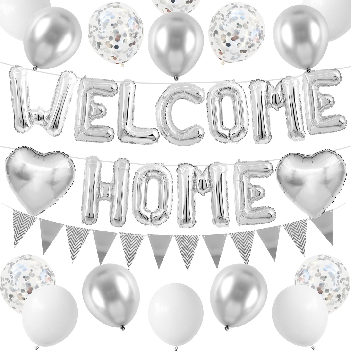 Welcome Home Decorations Silver,Welcome Home Foil Balloon Banner with Confetti Balloons,Silver Heart Balloons Pennant Flag Bunting for Baby Shower Home Family Party Supplies