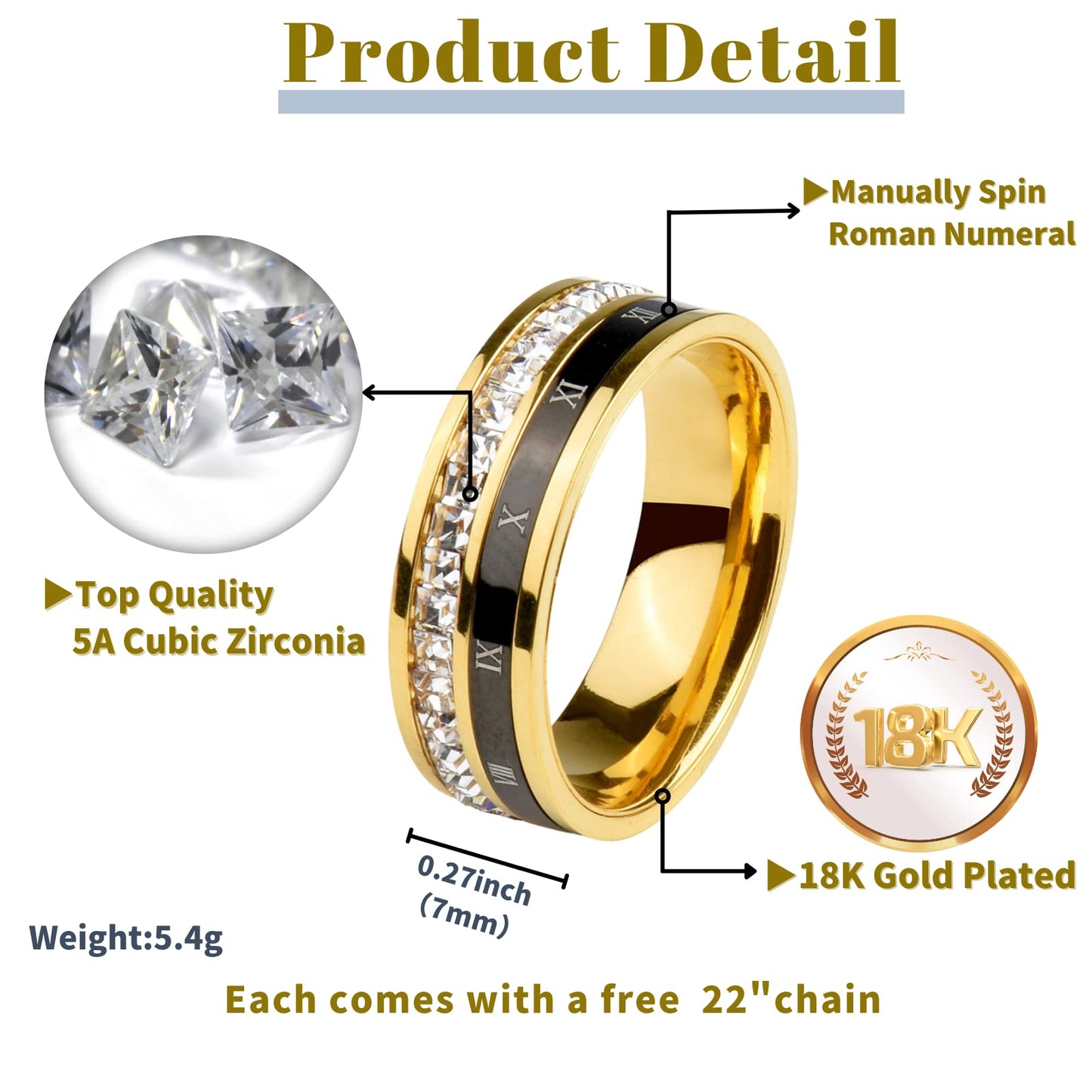 18K Gold Plated Roman Numeral Cubic Zirconia Ring for Men, Square CZ Gold Rings for Men, Spinner Silver Mens Rings Stainless Steel Size 5-13 (Gold Zirconia Ring, 9)
