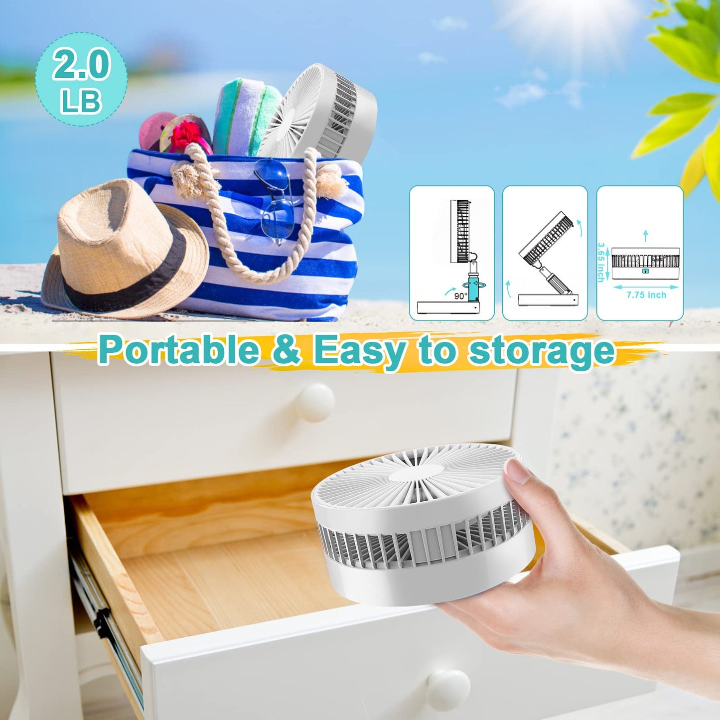 QUALORI Fan Collapsible for Traveling Foldaway Rechargeable Portable Folding Travel Fans Portable Pedestal Standing Fan Foldable Travel with 7200Mah Battery for Bedroom Home Office