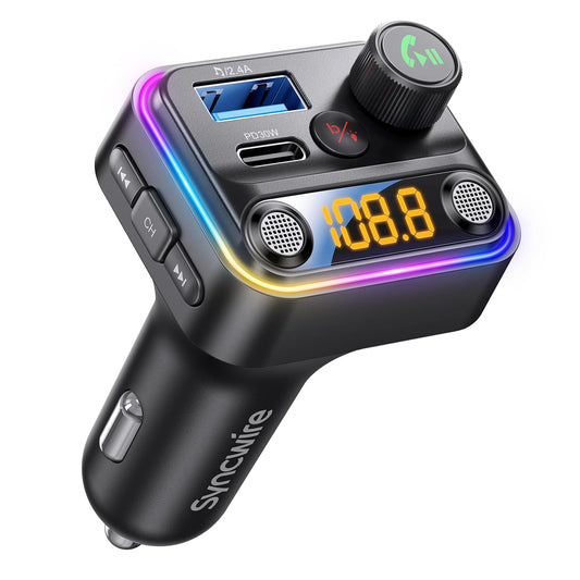 Syncwire Bluetooth 5.4 FM Transmitter Car Adapter 42W [Light Switch] [Stronger Dual-mic] [HiFi Bass Sound] [Fast Charging] Wireless FM Radio Stereo Music Adapter Hands-Free Calling Support USB Drive