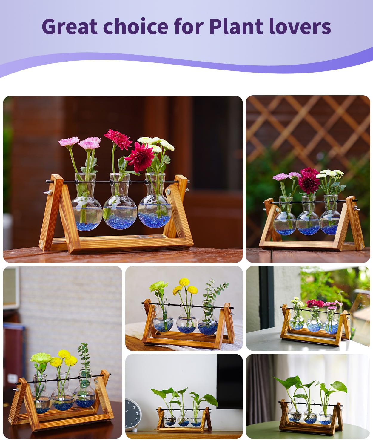 Nacome Plant Terrarium for Office Decor: Wooden Stand Tabletop Planter 3 Bulb Glass Vase Metal Swivel Holder for Hydroponics Indoor Home - Birthday Gifts for Women Mom Grandma