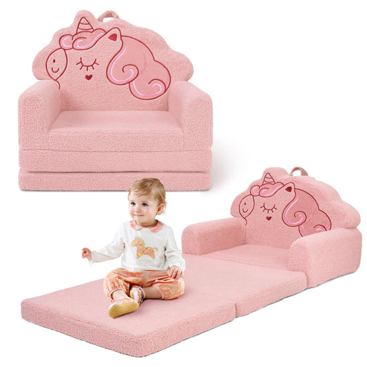 TinyPalsa Kids Couch, 53.1”x23.6” Sofa Bed, Convertible Sofa to Lounger Fold Out, Pink Unicorn Design Chair for Toddlers 1-3, Gift for Birthday, Movie Night