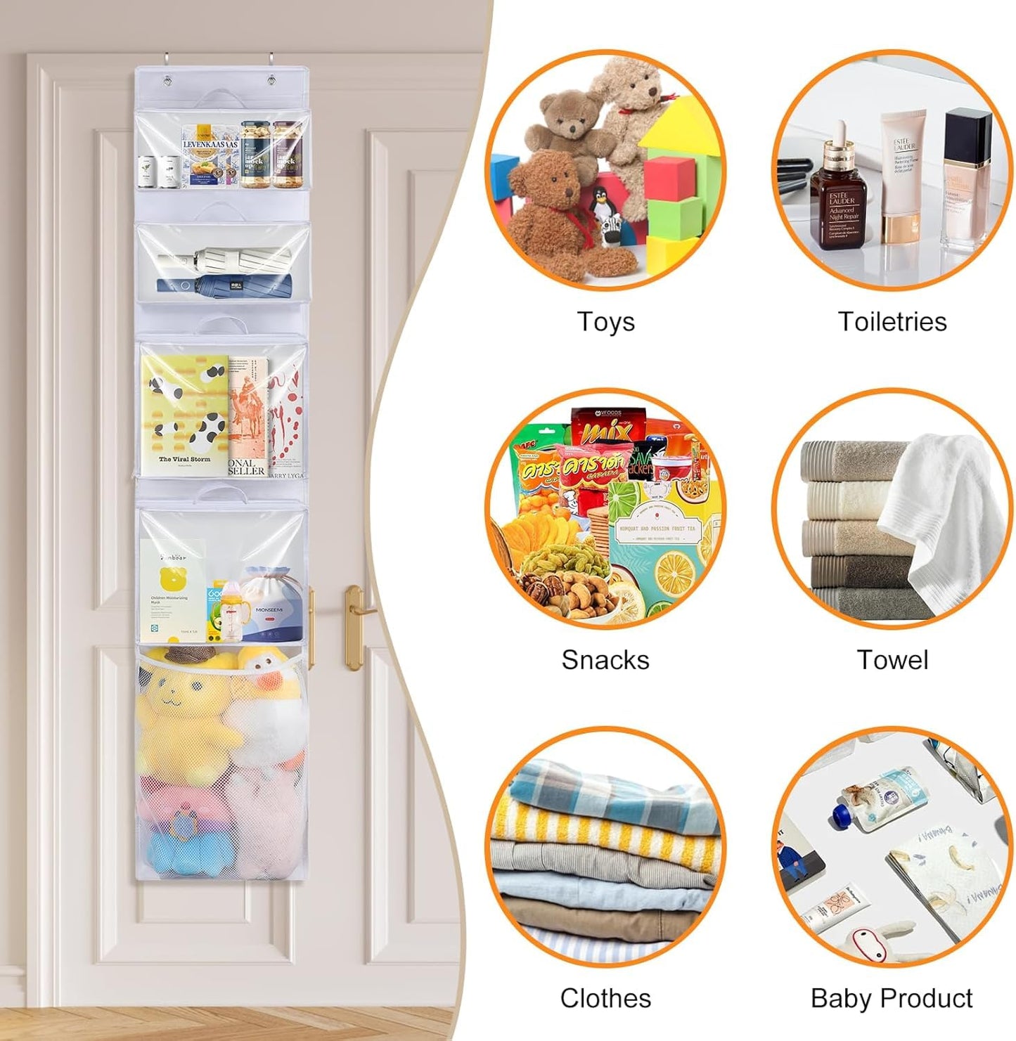 Woodoulogy Hanging Toy Storage over Door, Block Stuffed Animal Organizer Idea with 4 Removable Case Bag, Bi-Fold Closet Holder with Mesh Pocket for Kid Boy Girl