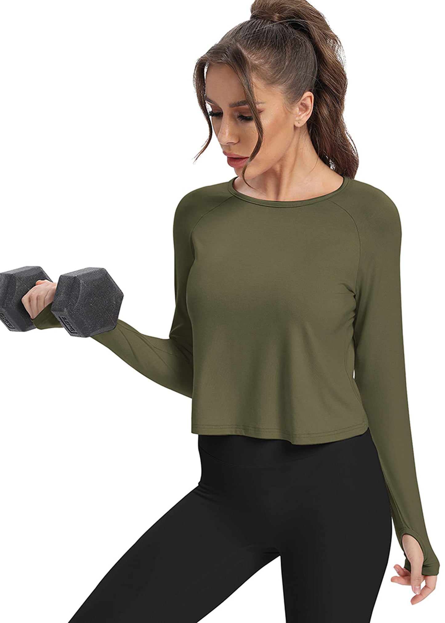 Bestisun Long Sleeve Workout Dance Clothes Split Back Gym Tennis Sports Training Wear Fitness Crop Tops Army Green M