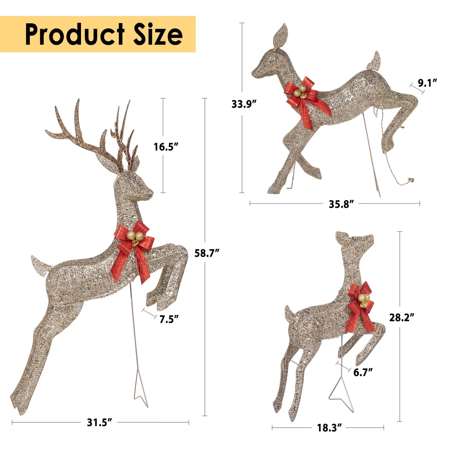 NALONE 4.7 FT Large 3 Pieces Lighted Reindeer Christmas Decoration with 210 Warm White LED Lights, Pre-lit 3D Christmas Deer Family Set Decor Outdoor Yard with Stakes, Bow Ties, Mat