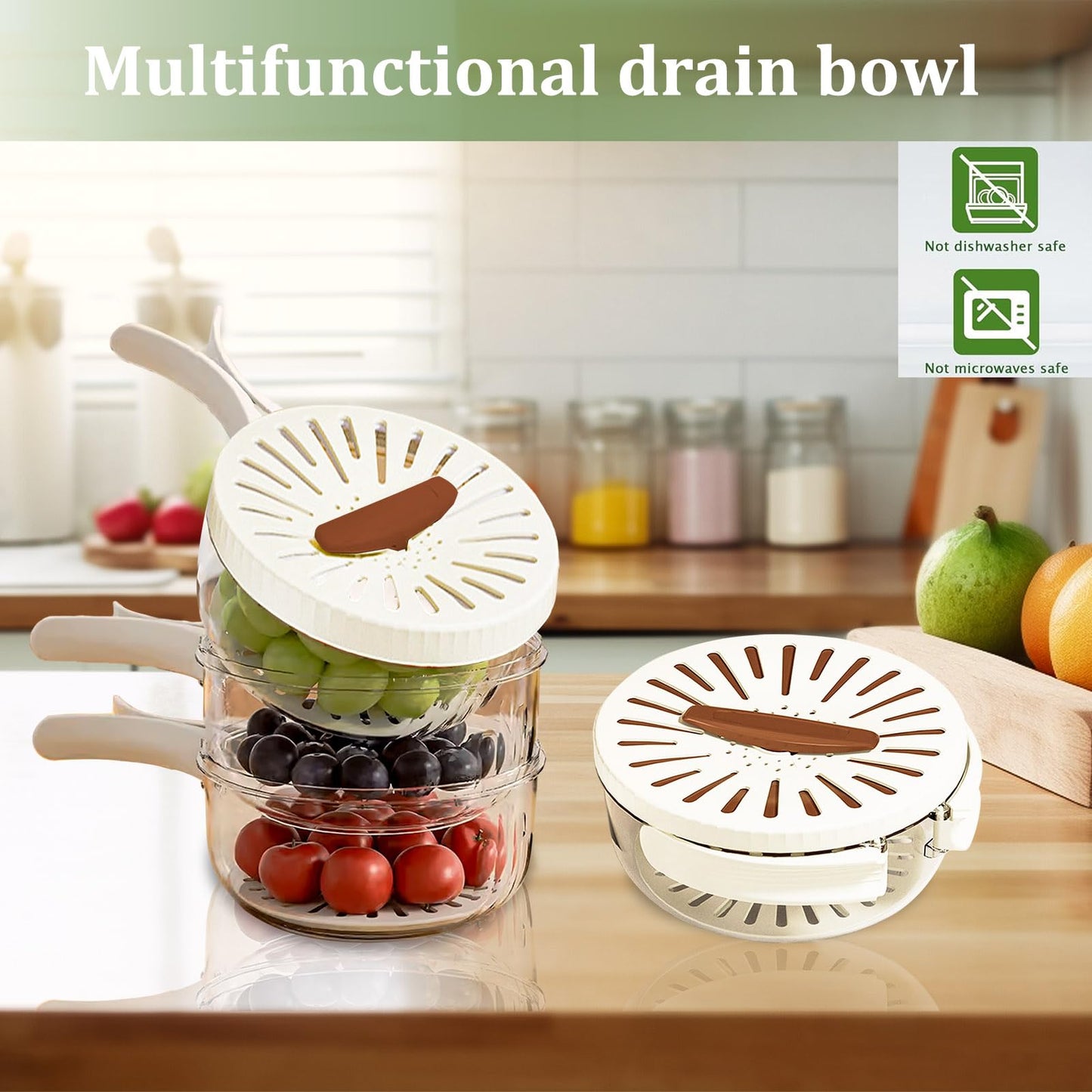 2 Pcs MultiPurpose Fruit Strainer Drain Basket with Lid & Collapsible Handle,2 in 1 Draining and Preservation Basket, Fruit Cleaner Bowl for Fridge Freshness and Outdoor Picnics(Brown)