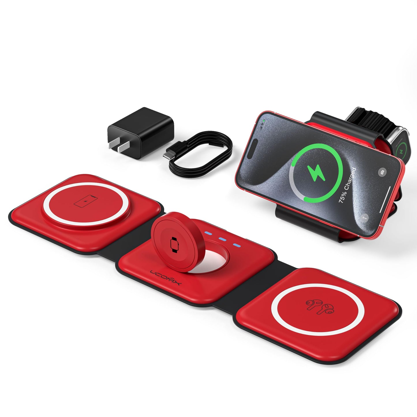 UCOMX 3 in 1 Charging Station for Multple Devices,Foldable 3 in 1 Wireless Charger for Travel,Nano Wireless Charging Station for iPhone16 15 14 13 12 Pro Max/Watch 10 9 8 7 6 5 4 3 Ultra/AirPod Pro