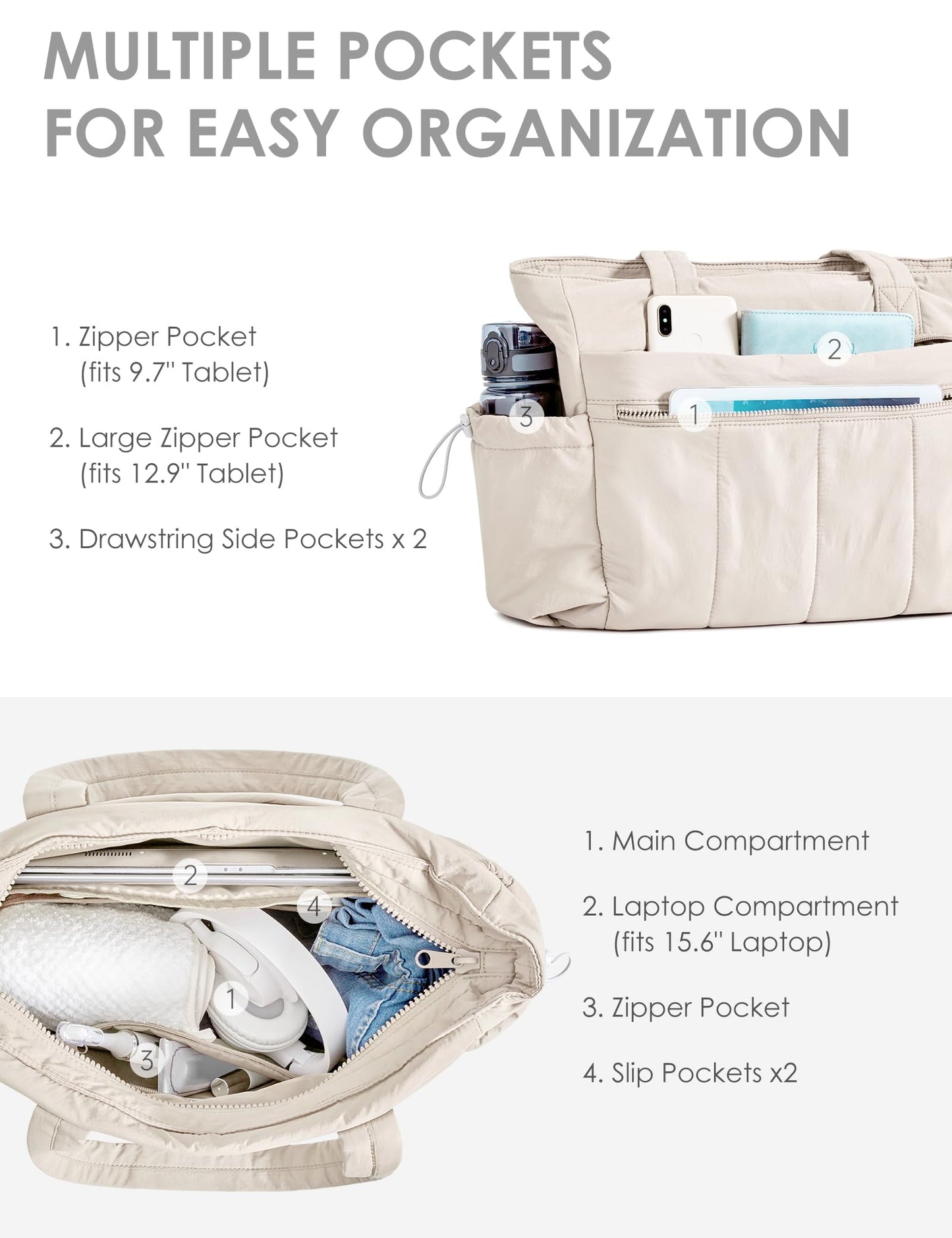 EASYSO Tote Bag for Women, Lightweight Large Puffer Bag, Quilted Shoulder Purses Handbags for Travel Work (Beige)