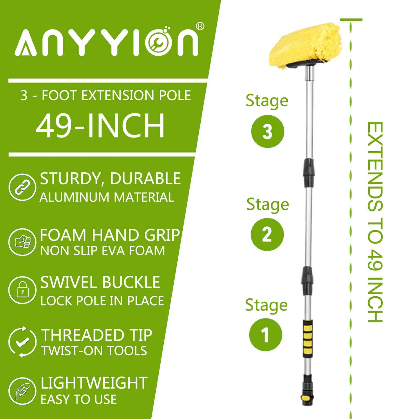 Anyyion 49 Inch Car Wash Brush with 10 Inch Soft Bristle, On/Off Switch for Car Truck Boat Washing Brush, Perfect for Cleaning House Siding, Auto Cars, Trucks, SUV, RV, Floors and More!