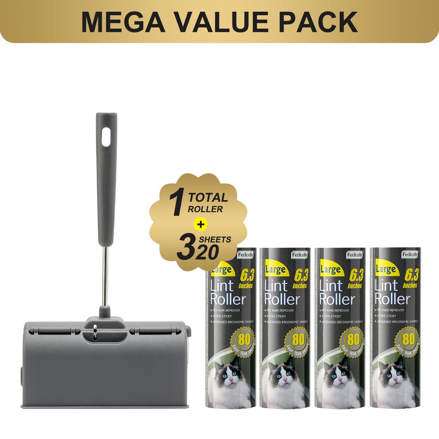 Fedicelly Lint Rollers Pet Hair Extra Sticky Furniture,Cat Dog Hair Remover Laundry Clothes Carpet, 6.3 inches Wider with 320 Sheets Large Lint Remover Brush for Couch