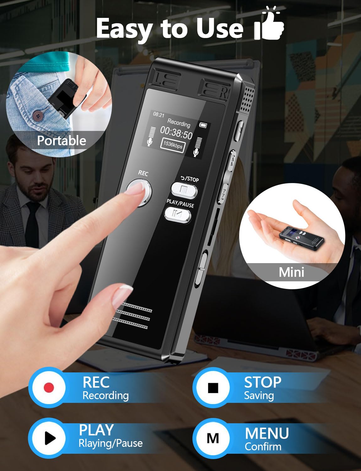 128GB Digital Voice Recorder With Playback - 3072 Kbps HD Voice-Activated Recording and Noise-Canceling, Audio Device for Lectures Meetings, A-B Repeat, MP3 Player