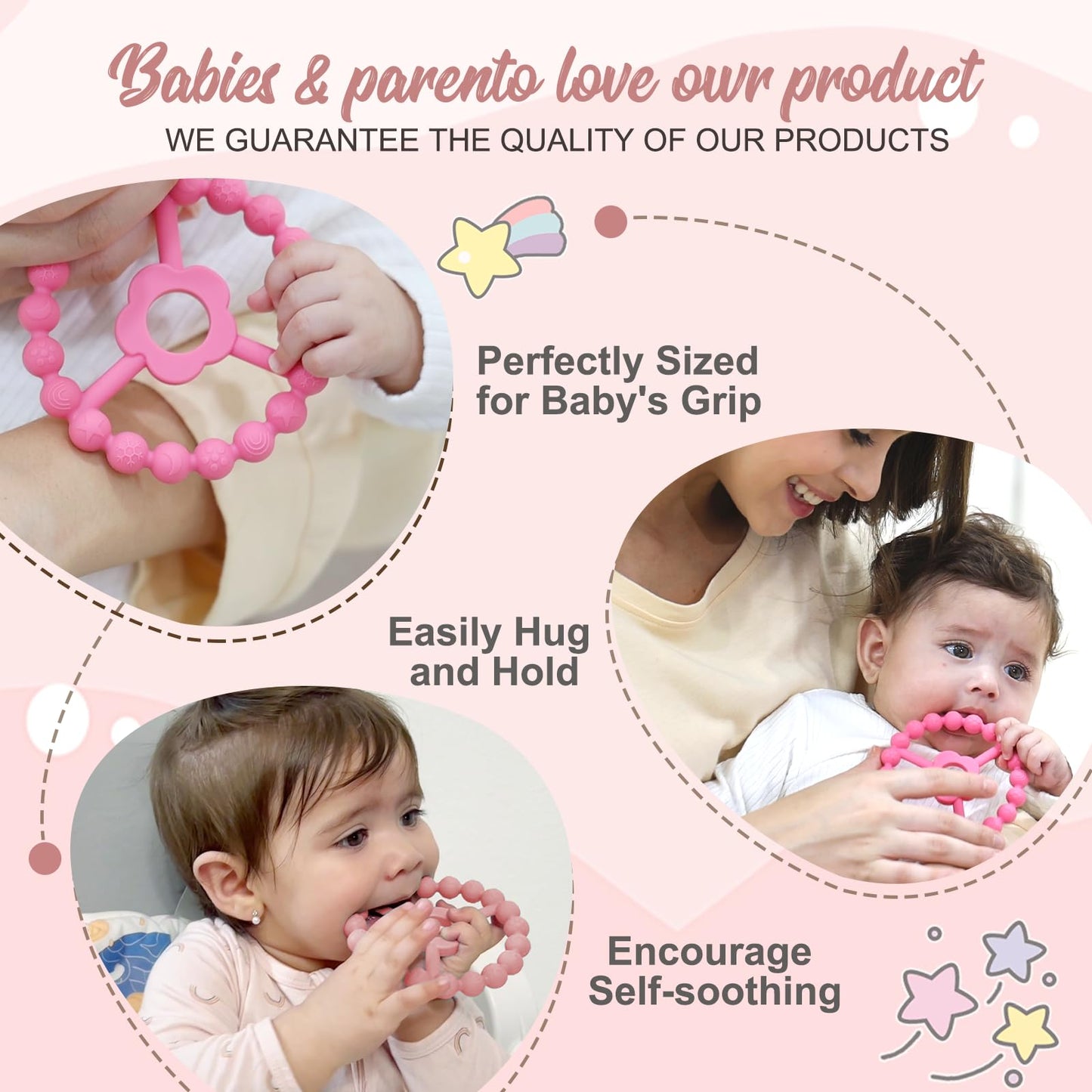 duludulu 4 Pack Silicone Baby Teething Toys, Teething Rings for Babies 0-6 6-12 Months Newborn Baby Teethers Girl Relief Soothe Baby's Gums Infant Toys Gifts Baby Girls Boys Sweet Pink