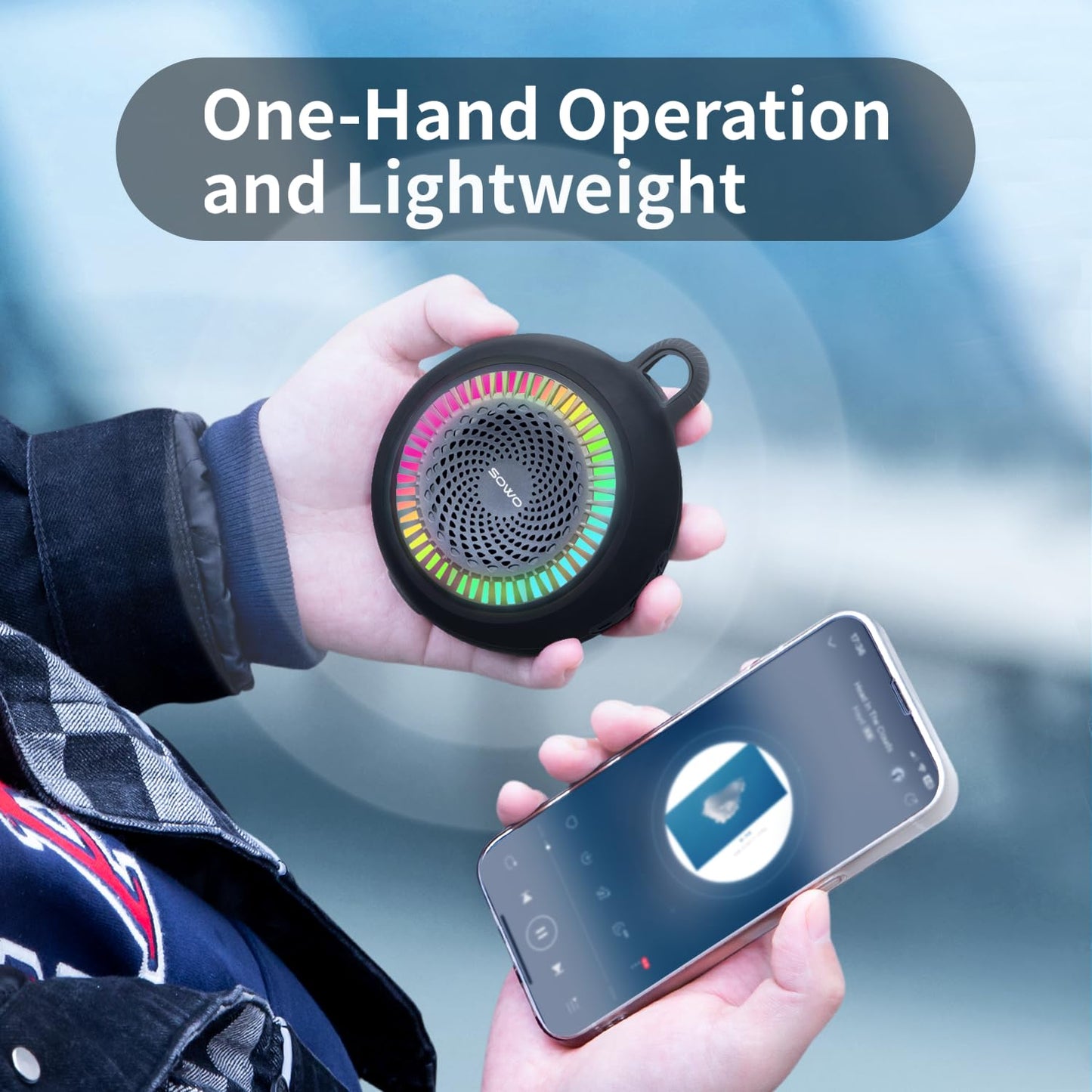 SOWO Bluetooth Shower Speaker Waterproof | Small Portable Bluetooth Speaker Wireless with Clip | Powerful Bass and Louder Volume | Colorful Lights and Lightweight | with TWS Pairing | Black