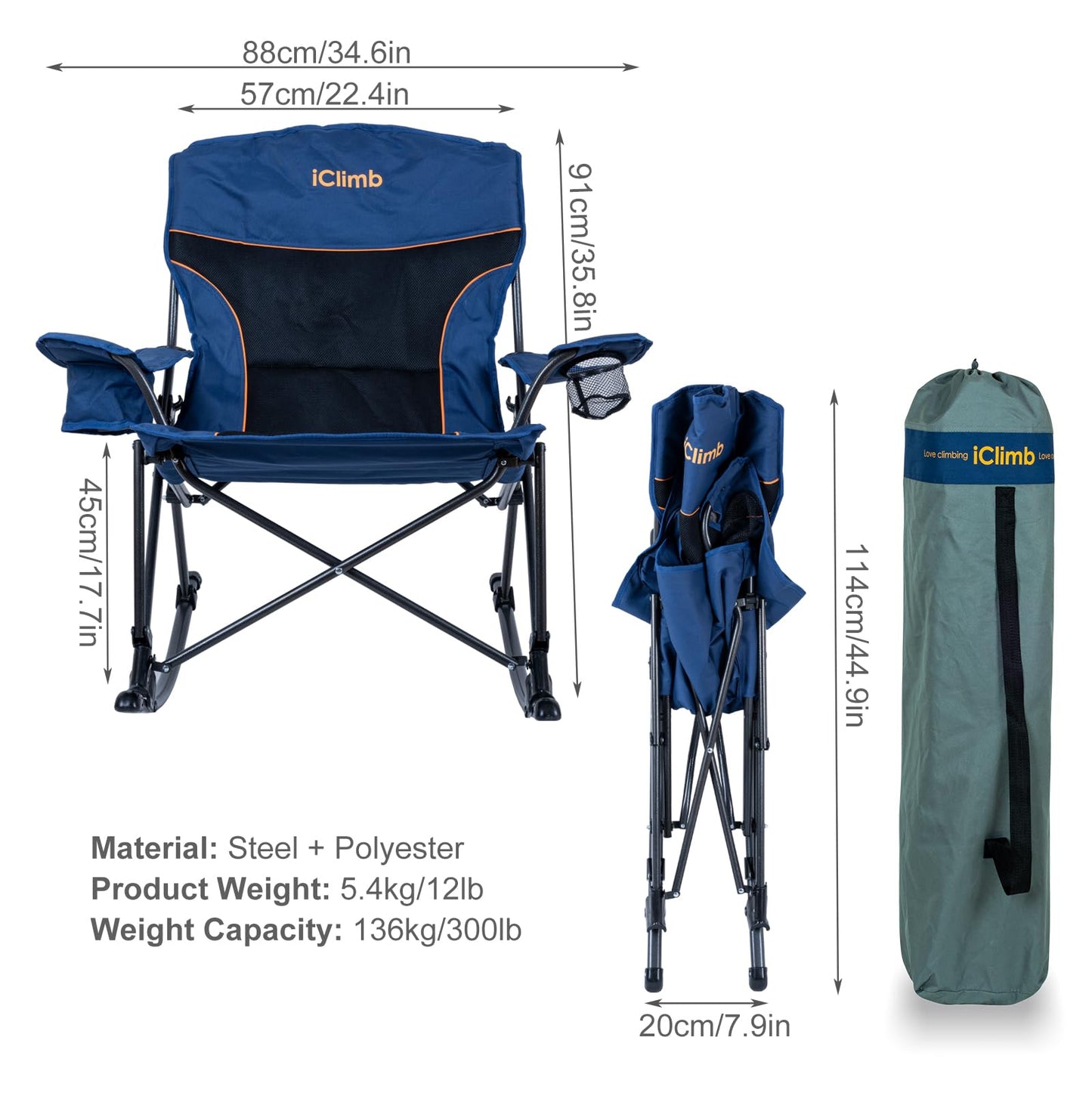 iClimb Padded Folding Rocking Chair Heavy Duty Camping Patio Porch Backyard Lawn Garden Balcony Rocker Indoor Outdoor with Carry Bag