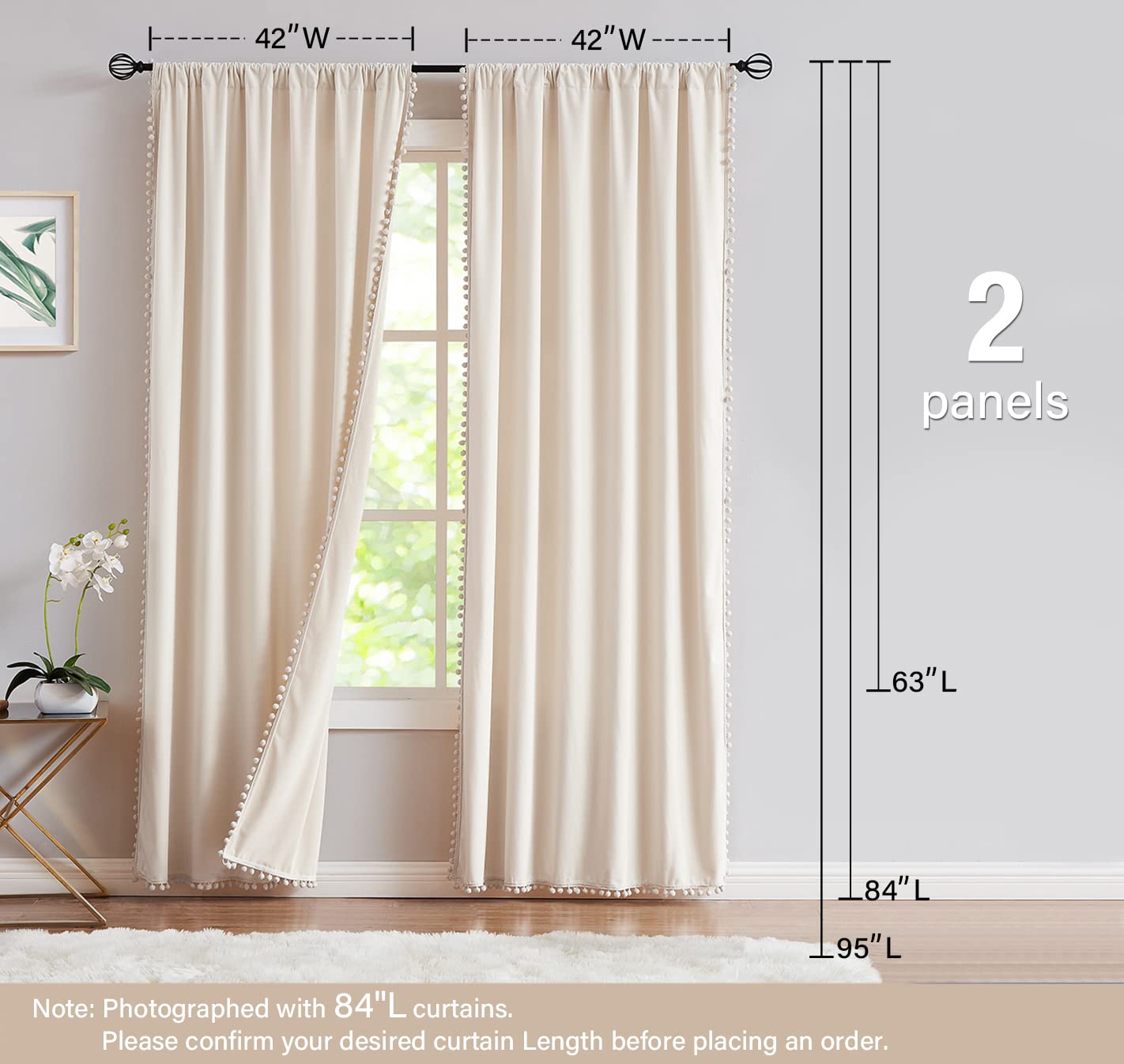 Pom-Pom Cream Velvet Curtains for Living Room 63inch Length Luxury Heavy Ivory Window Drapery for Bedroom Kids Children Room Rod Pocket 42" w x 2Panels