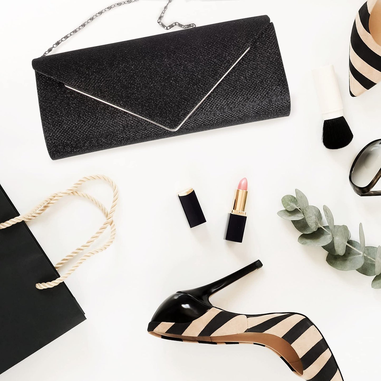 Larcenciel Clutch Purses for Women, Sparkling Envelope Evening Bag with Detachable Chain, Glitter Sequins Metal Formal Handbag Shoulder Crossbody Bag Prom Party Purse Bridal Wedding Clutch Bag(Black)