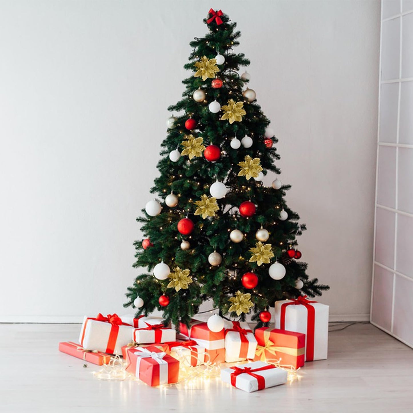 yuagolle Christmas Artificial Poinsettia Flowers: 12pcs Gold Poinsettia with Clips Silk Glitter Picks Fake Floral, for Decorations, Xmas Tree Decor, Wreath Garland Bulk, Wedding, New Year Ornaments