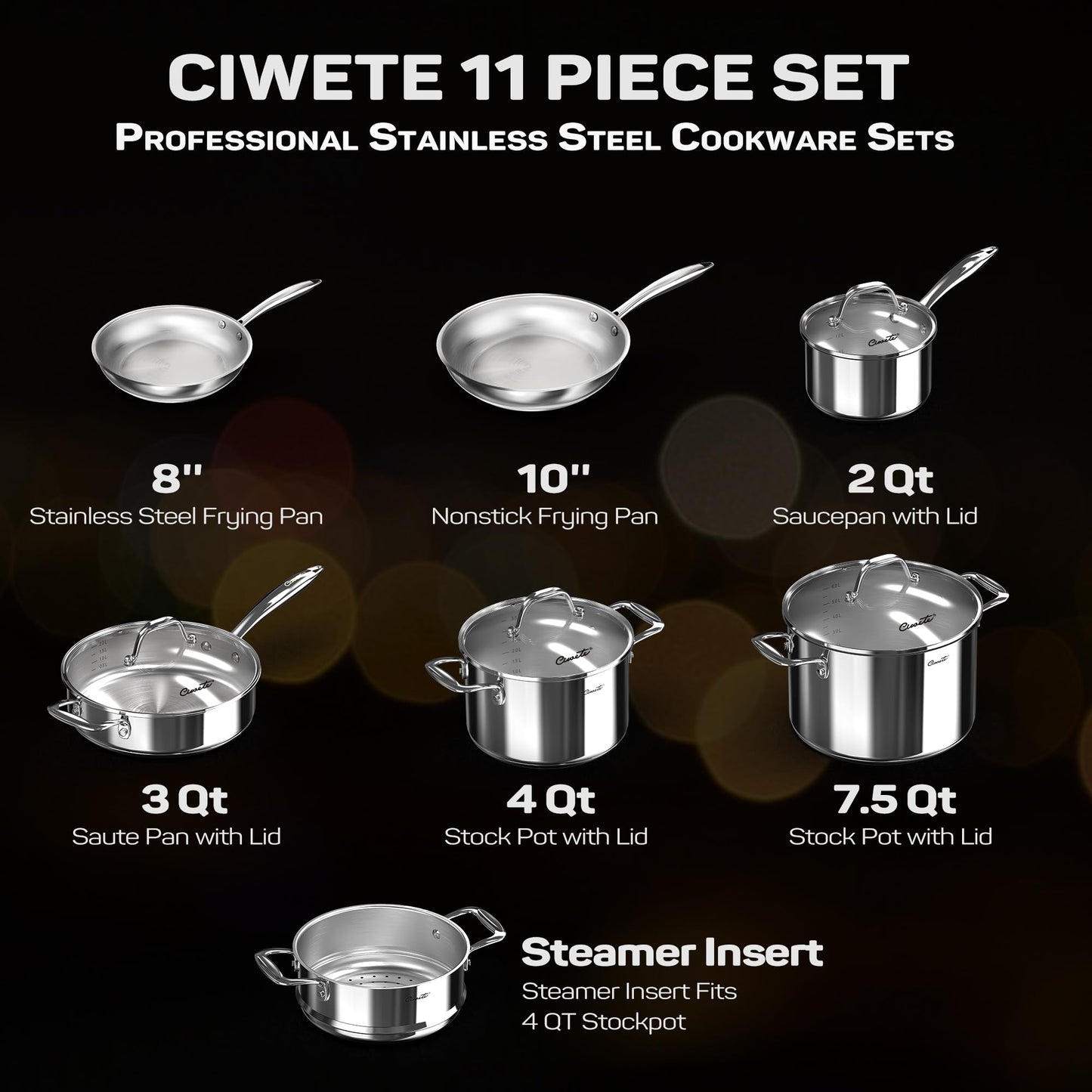 Ciwete Tri-Ply Stainless Steel Pots and Pans Set 11-PC, 18/10 Stainless Steel Induction Cookware Set with Steamer Insert, Kitchen Cookware Sets with Stay Cool Ergonomic Handles, Dishwasher, Oven Safe