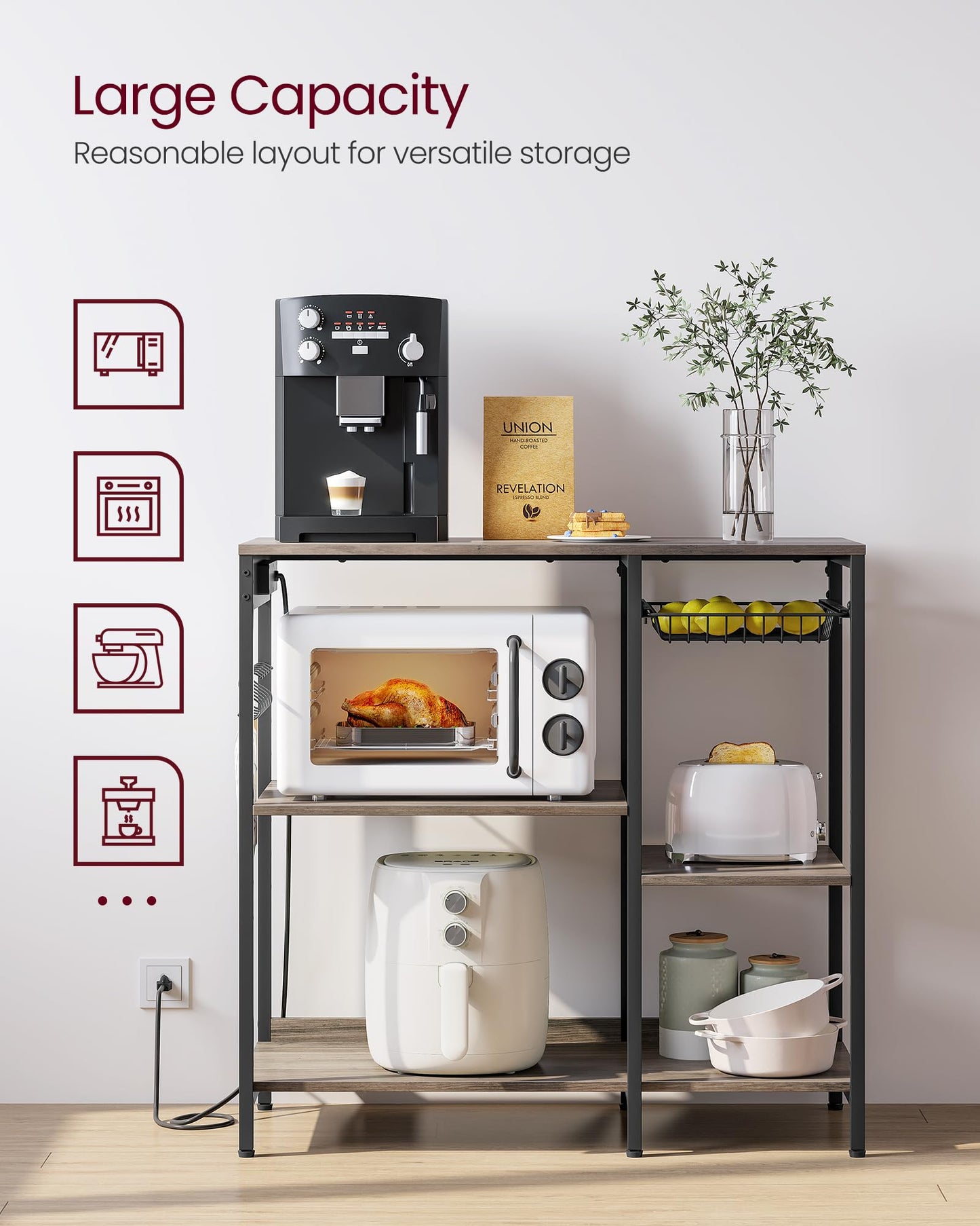 VASAGLE Baker's Rack, Coffee Bar Stand with Charging Station, Storage Shelves, Pull-Out Wire Basket, Table for Microwave, Kitchen, Greige UKKS036K02, 15.7 x 35.4 x 35.6 Inches