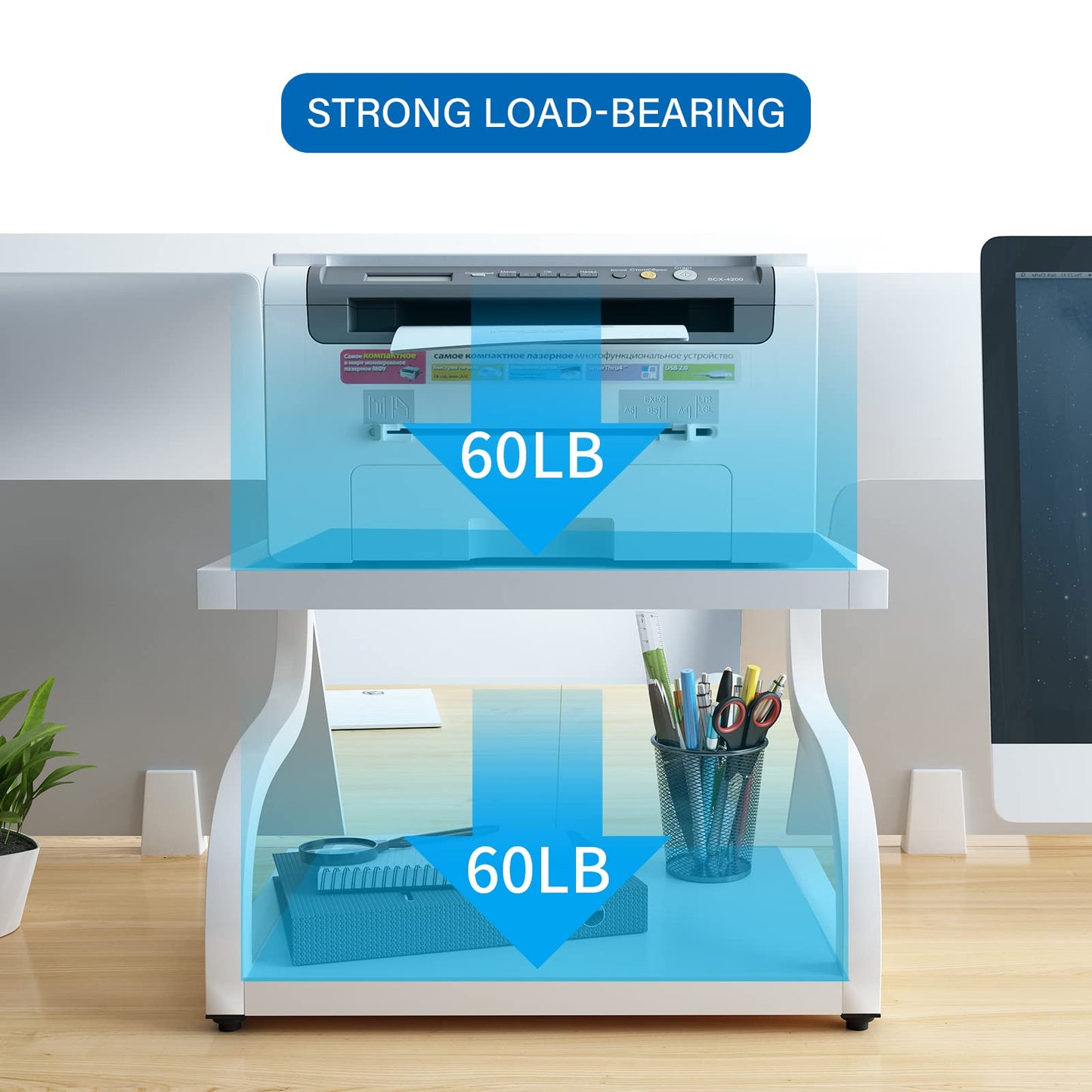 PUNCIA 2 Tiers Wood White Home Office Desktop Printer Stand Laser Printer Copier Stand with Storage Tabletop Heavy Duty Rack Desk Organizer Shelf Dual for Small Space Double Tiers Tray