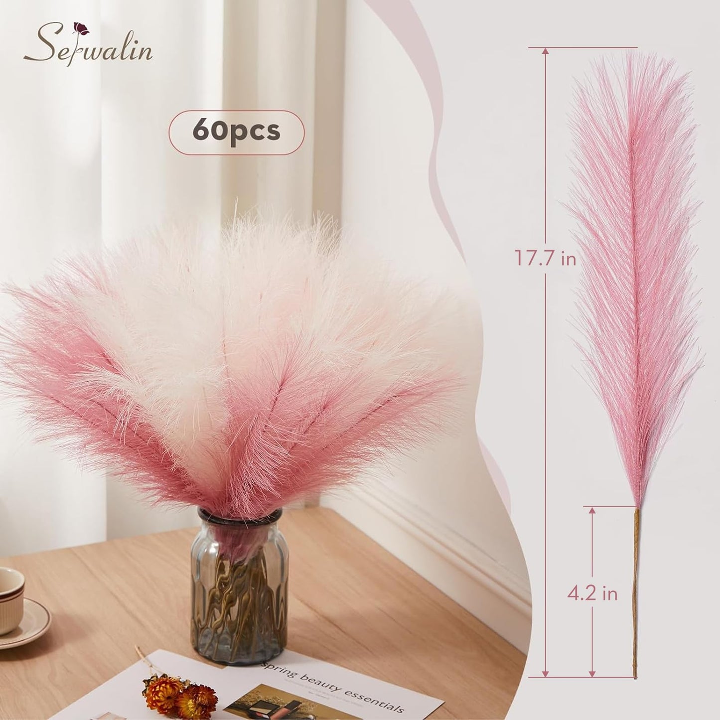 Serwalin 60 Pcs Pink Pampas Grass Decor, 17.7" Faux Pampas Grass, Short Artificial Fluffy Pompas Grass Vase Filler Flower Arrangement for Boho Home Wedding Living Room Wall Party Decoration