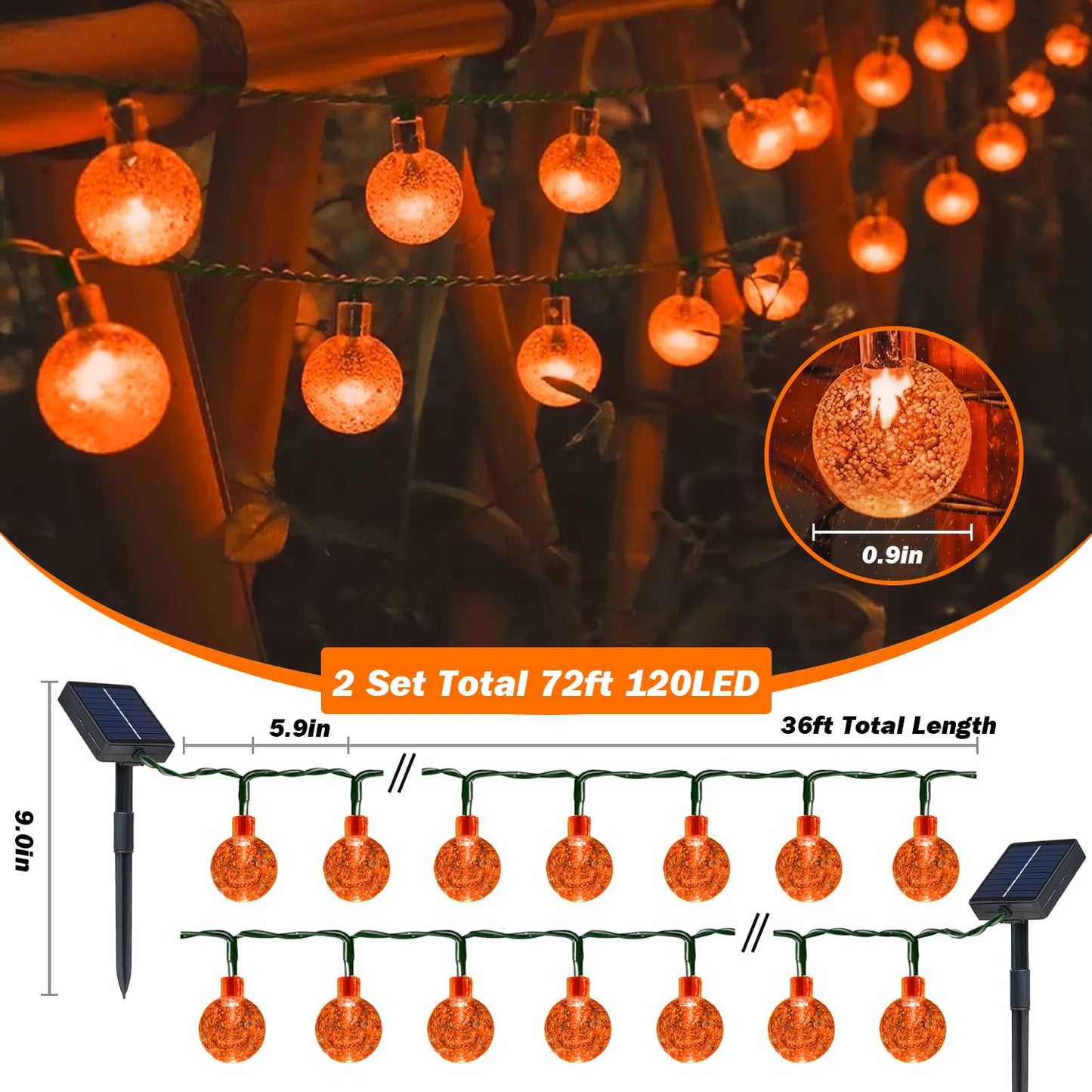 USOKYO Solar Lights Outdoor Waterproof, 2 Pack Total 120LED 72FT Solar String Lights for Outside with 8 Modes, Outdoor String Lights Crystal Globe Patio Lights for Garden Yard Party Decor (Orange)
